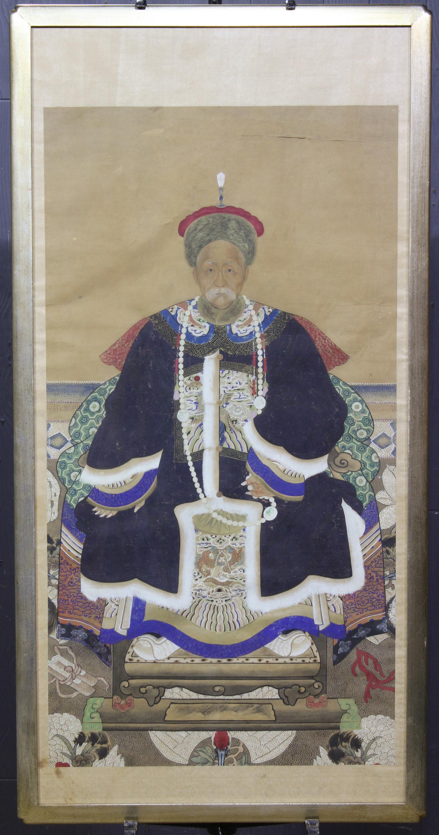 Chinese Ancestral Painting: Chinese Ancestral Painting. Size: Frame: 51" H x 26" W x 1" D; Sight: 48" H x 23" W