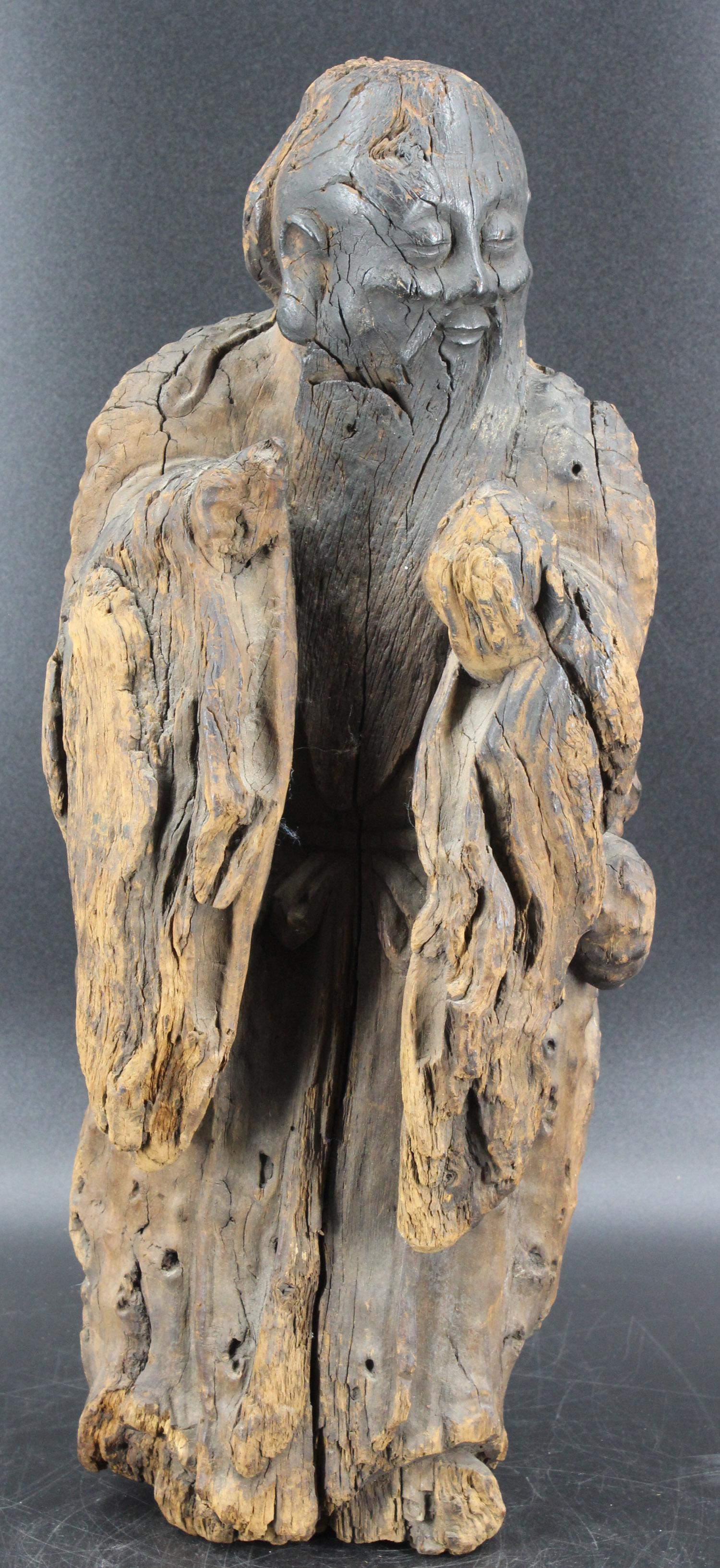 Chinese Carved Wood Buddhistic Figure: Chinese Carved Wood Buddhistic Figure. Size: 20" H x 8" W x 8" D