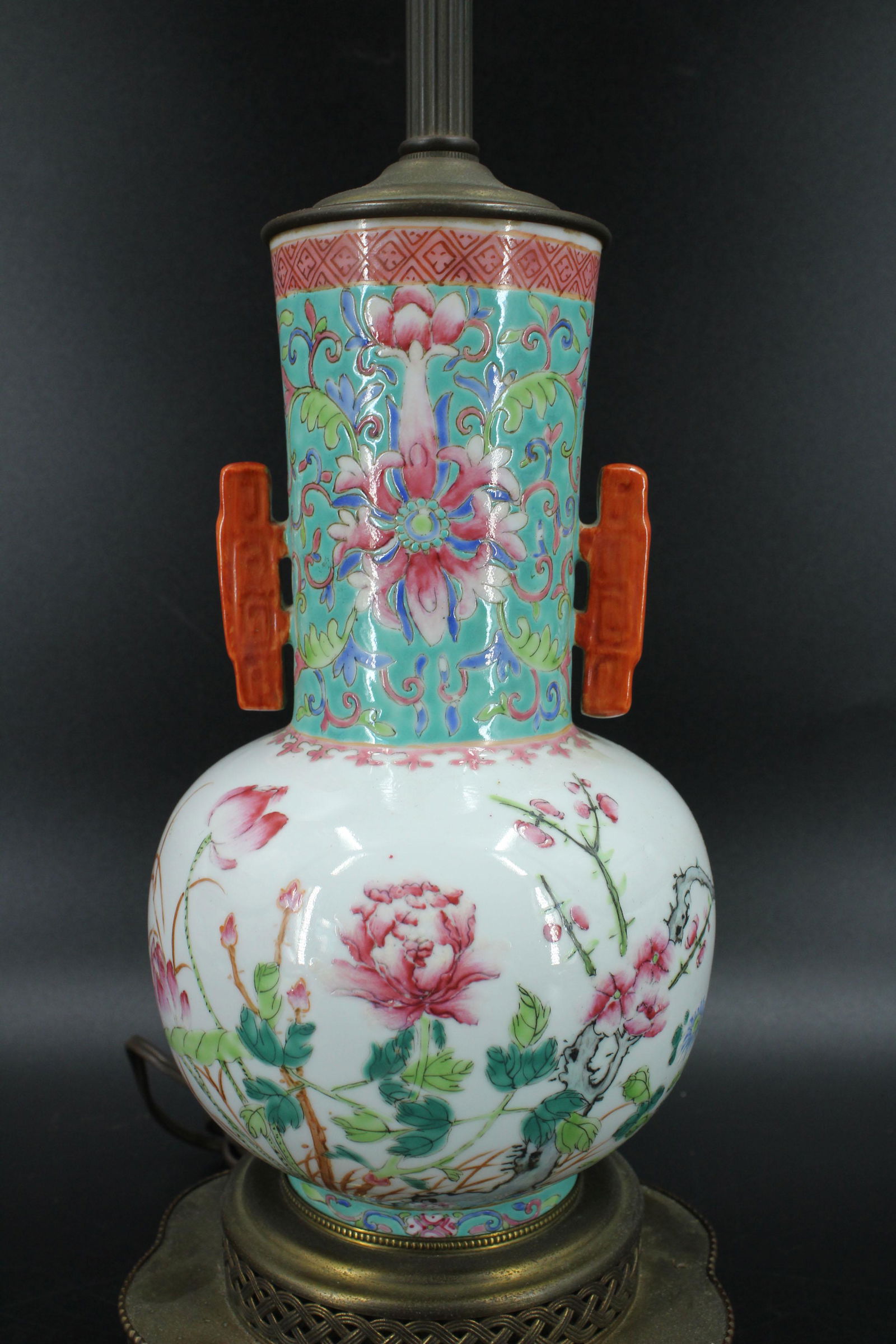 Chinese Enamel Porcelain Bottle Form Table Lamp: Chinese Enamel Porcelain Bottle Form Table Lamp. Size: overall 25" x 6" x 6"