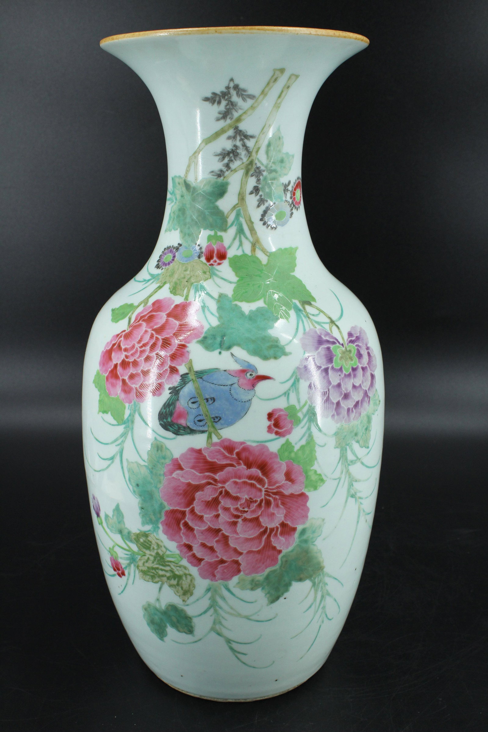 Chinese Porcelain Painted Vase: Chinese Porcelain Painted Vase. Bird and floral design, with characters on back. Size: 17.25" H x 8" Diameter. (NHJ 319)