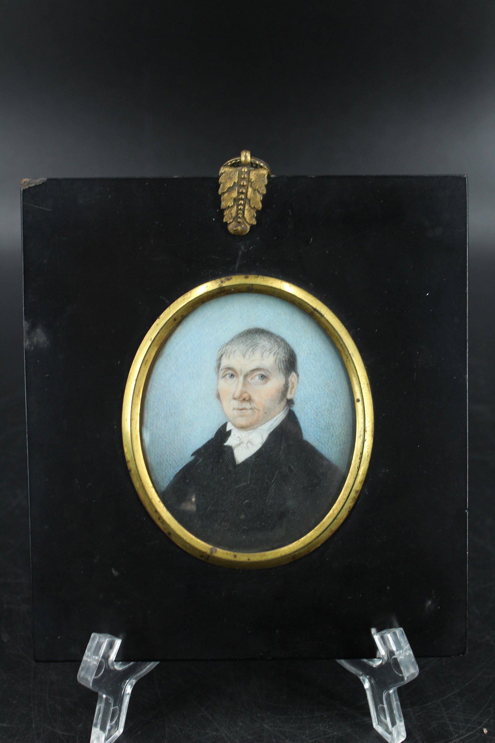 Hand Painted Miniature Portrait of Ditchburn: Hand Painted Miniature Portrait of Ditchburn, purportedly the builder of Queen Victoria's first Royal Yacht, Greenwich, 1840-41. Size: Frame: 5.75" H x 5.25" W, Sight: 3" H x 2.5" D. (NHJ220)