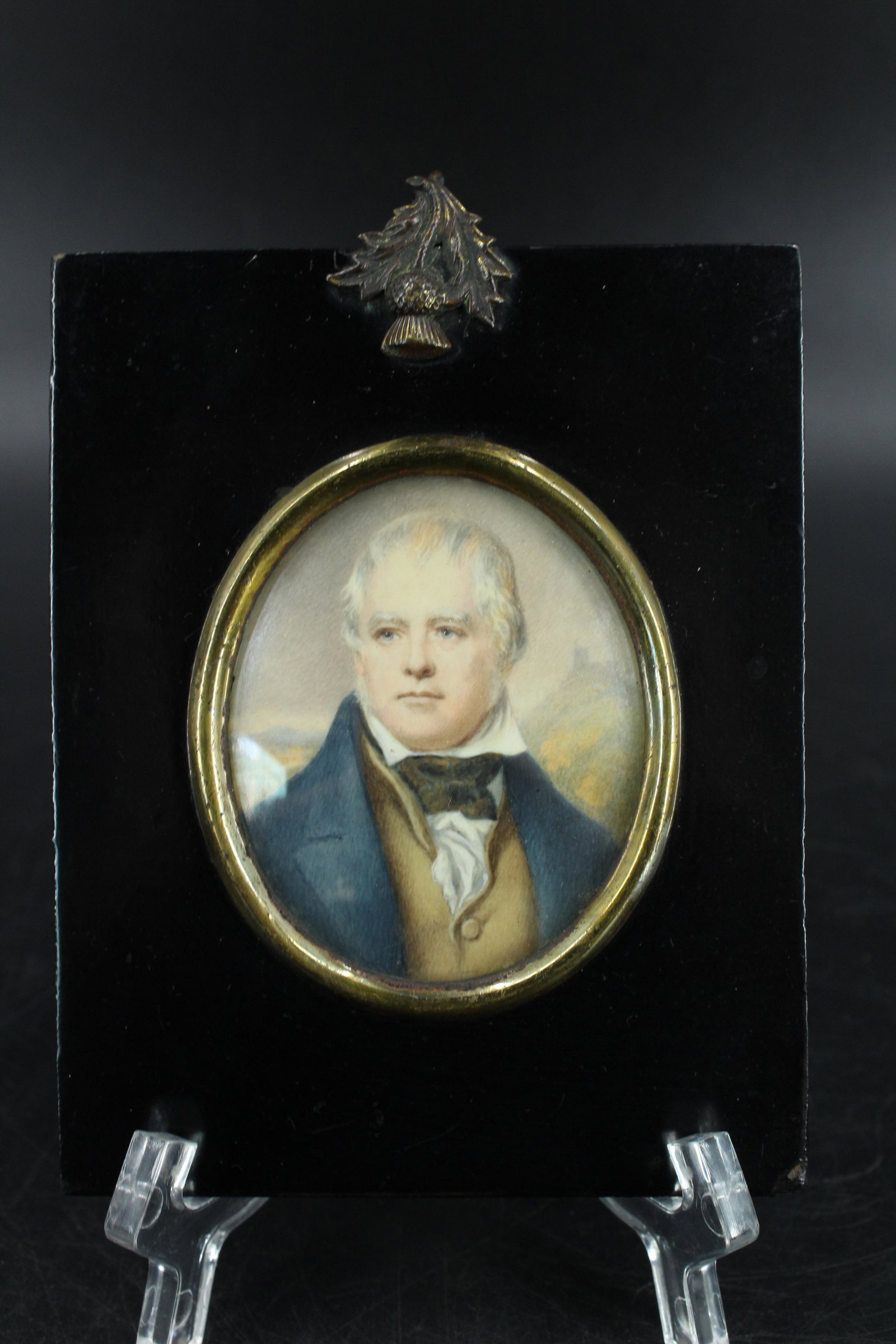 Hand Painted Miniature Portrait Sir Walter Scott: Hand Painted Miniature Portrait of Sir Walter Scott. Size: Frame: 5.75" H x 4" W, Sight: 3" H x 2.5" W. (NHJ220)