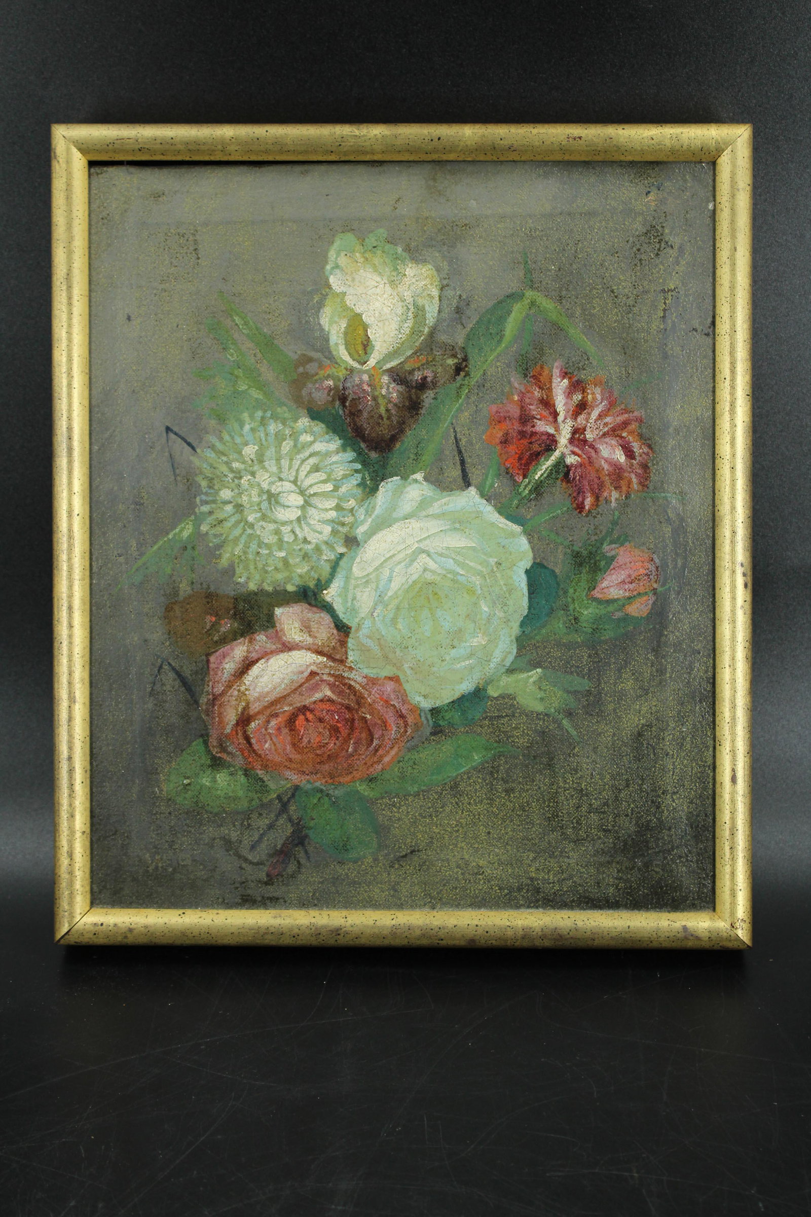 Antique Floral Still Life Initialed WP: Antique Floral Still Life Initialed WP. OOC. Artist unidentified. Size: 14.25" frame, 13" x 10.75" sight. (NHJ28)
