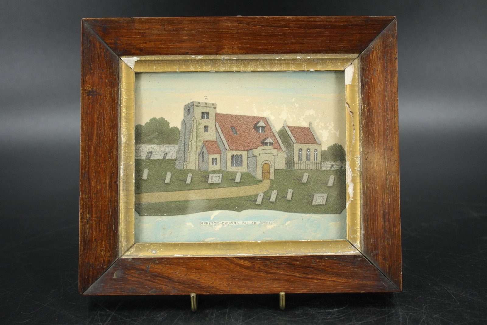 Victorian Isle of Wight Sand Painting: Victorian Arreton Church Isle of Wight Sand Painting. Size: 6.25" x 7.25" frame, 4" x 5" sight. (NHJ336)