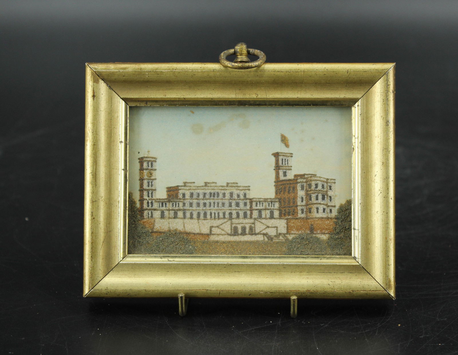 Osborne House, Isle of Wight Sand Picture: Osborne House, Isle of Wight Sand Picture. 19th C. Souvenir. Size: 4.25" x 5.5" frame, 3.75" x 4" sight. (NHJ336)