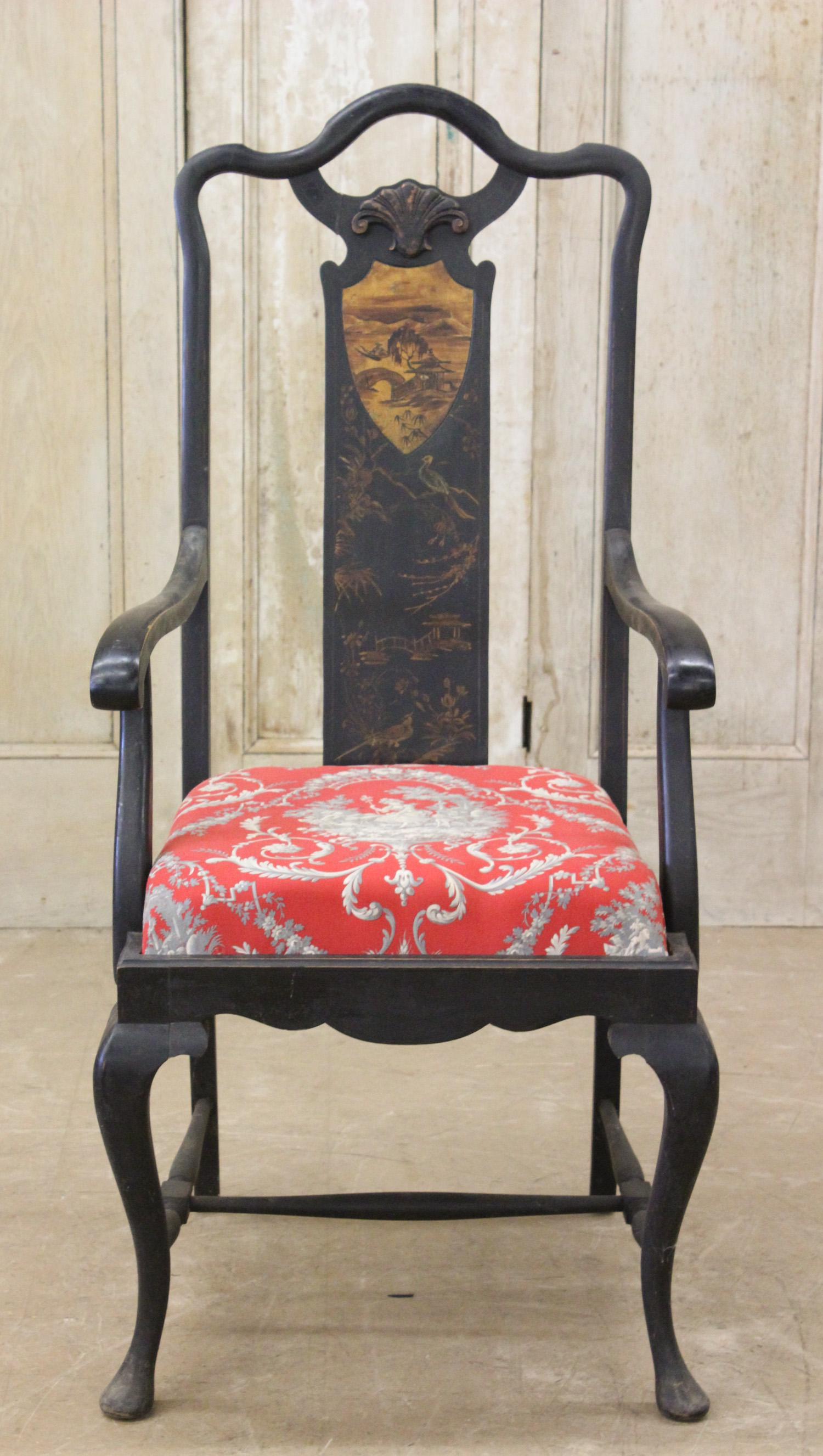 Queen Anne Style Chinoiserie Back Armchair: A Queen Anne style ebonized and Chinoserie decorated armchair. Size: 47.5" H x 22.5" W x 24" D