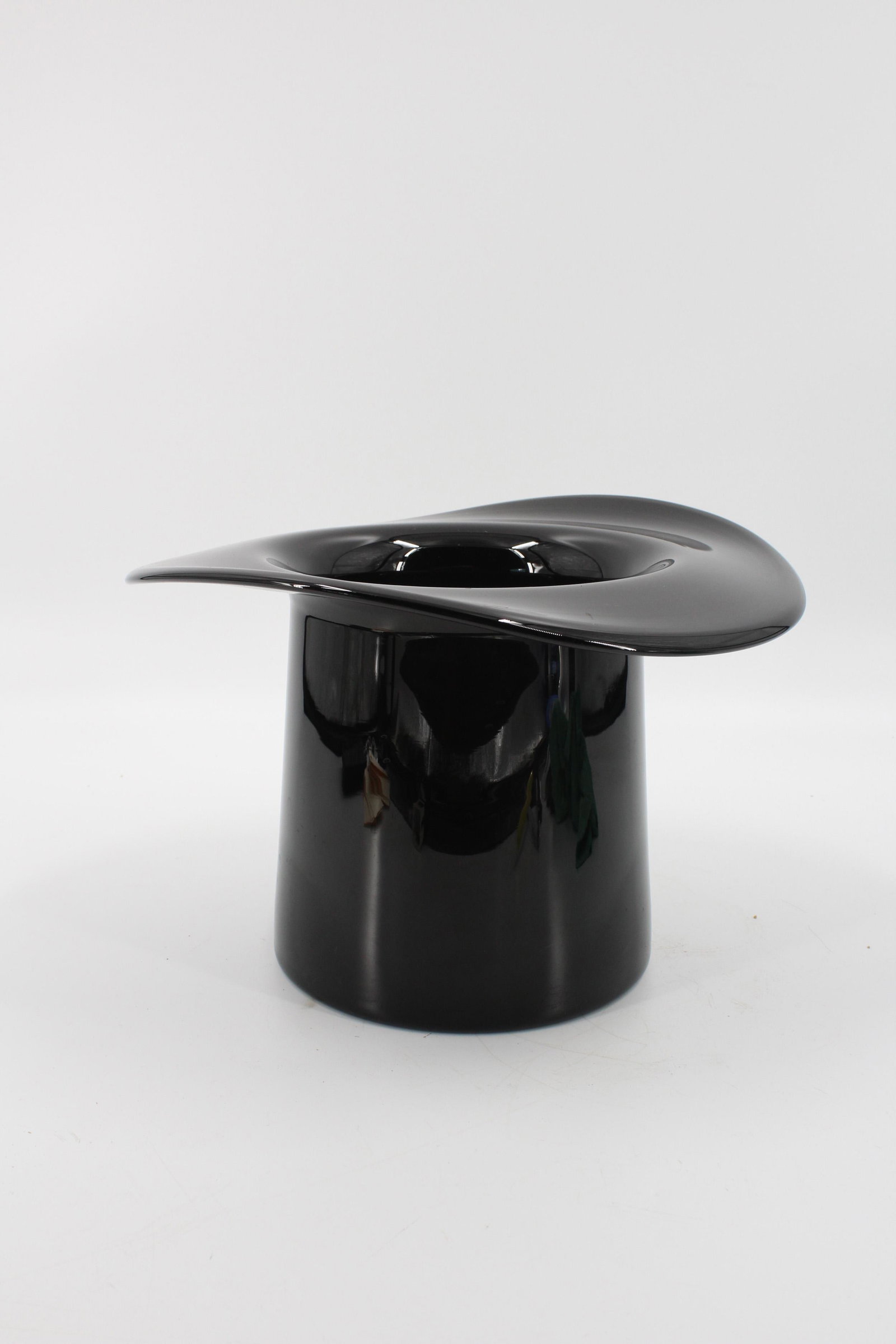 Black Glass Top Hat: Black Glass Top Hat, Murano style, ground pontil, wine bucket. Size: 7.5" H x 11.5" Diameter