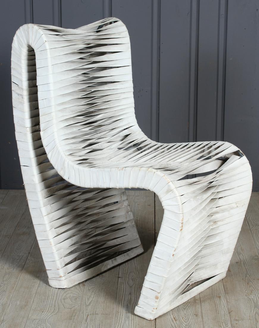 Modern Studio Woven Leather and Steel Chair: Modern Studio Woven Leather and Steel Chair. Size: 36" H x 18.5" W x 27" D