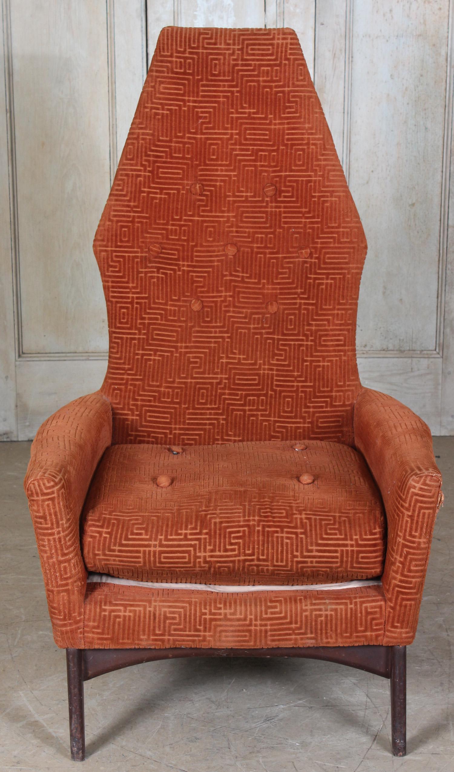 Adrian Pearsall Style Upholstered Chair: A mid century modern upholstery club chair having Adrian Pearsall style base. Size: 50" H x 31" W x 29" D