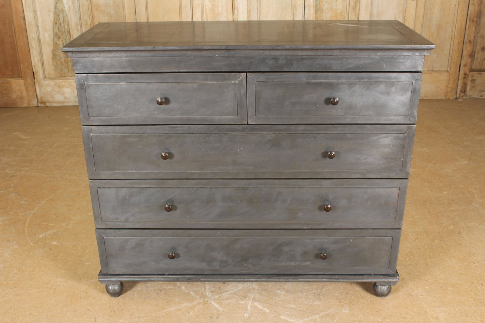 Metal Clad Chest of Drawers: Interesting metal clad chest of drawers purportedly Restoration Hardware. Size: 43.5"H x 51"W x 20"D