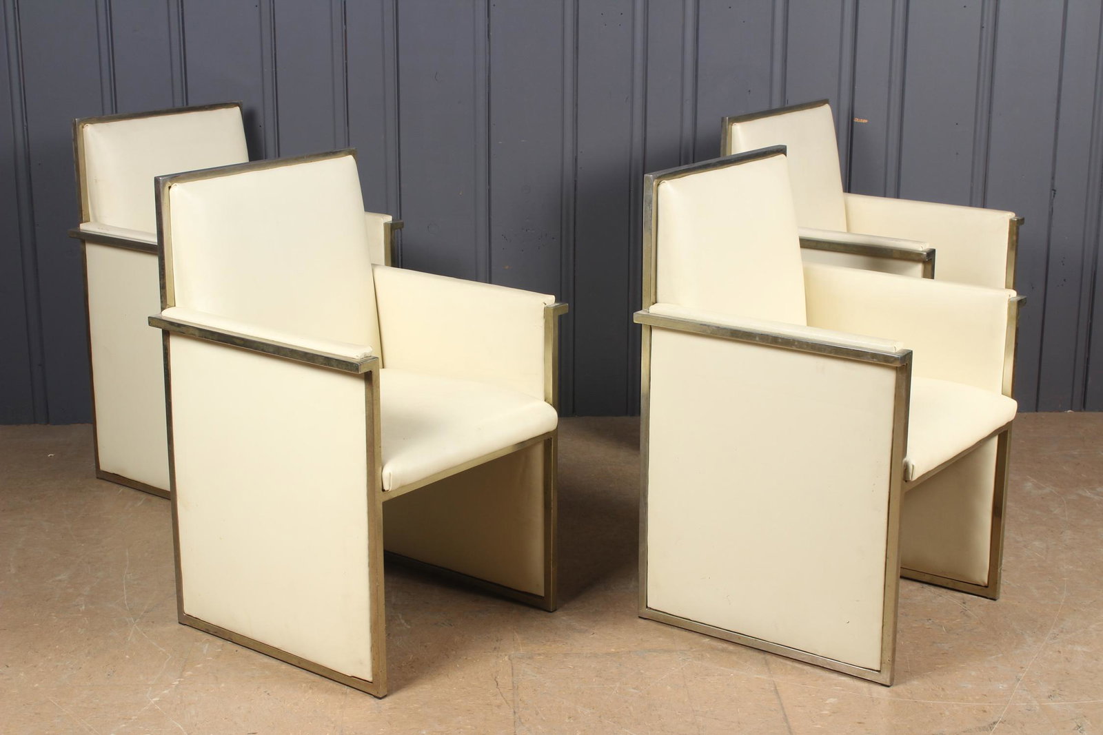 4 Vinyl Box Form Armchairs: 4 Vinyl Box Form Armchairs. Size: 34" H x 22.5" W x 22" D