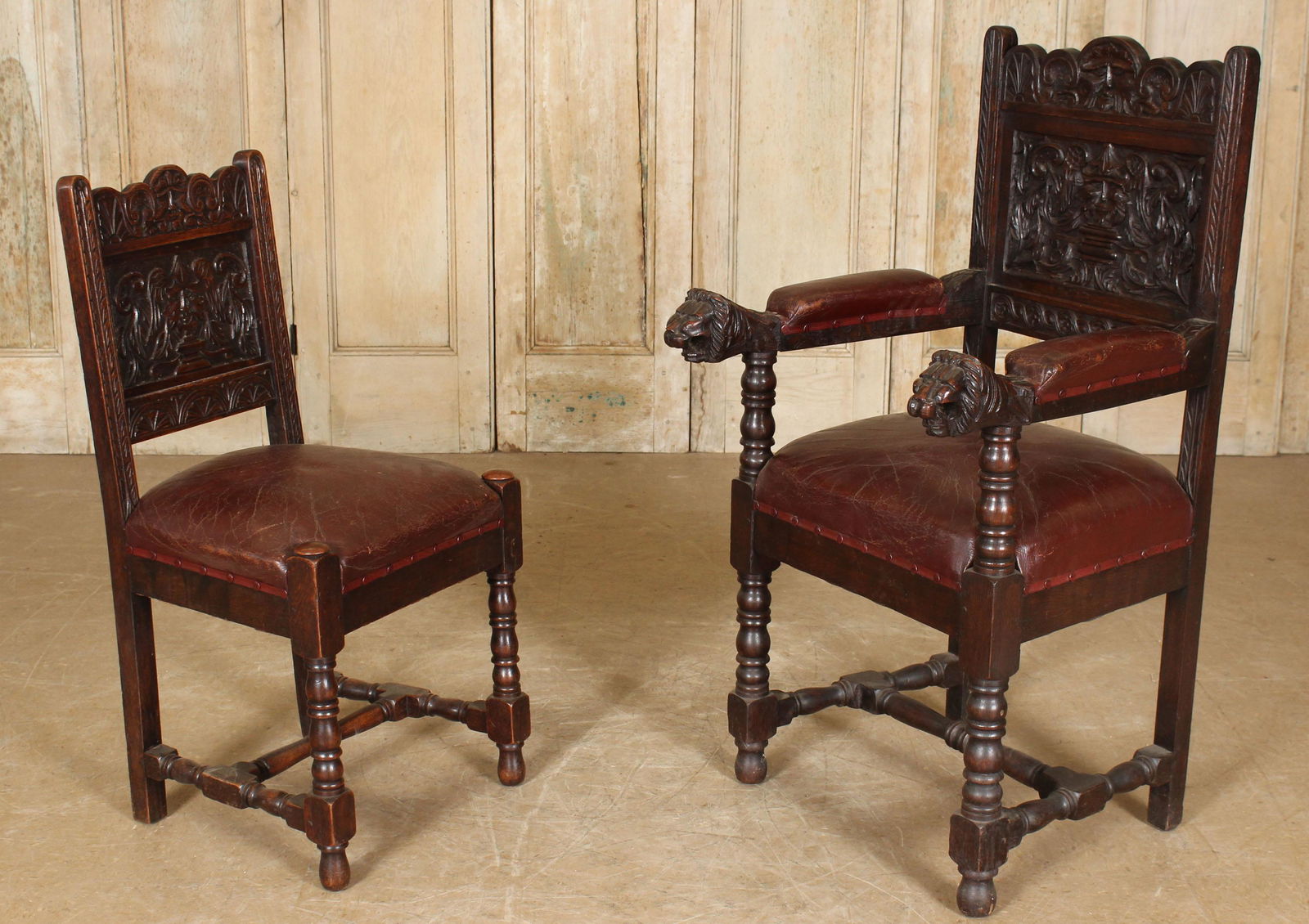 Belgian His and Hers Northwinds Hall Chairs: Belgian His and Hers Northwinds and Green Man Hall Chairs. Size: 44" H x 23" W x 24" D his, 37" H x 18" W x 18" D hers. (NHJ346)