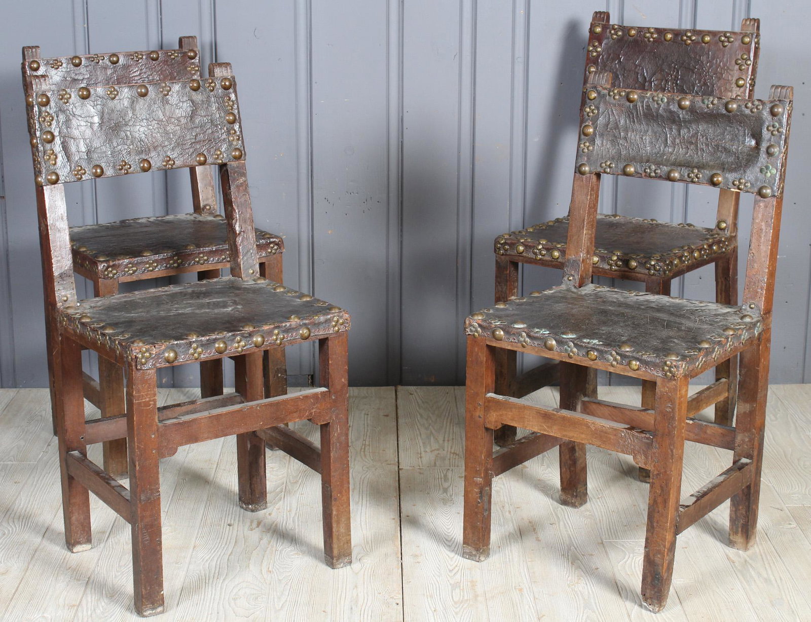 4 Belgian Studded Leather Chairs: 4 Belgian Studded Leather Chairs. Size: 36" H x 17.5" W x 18" D