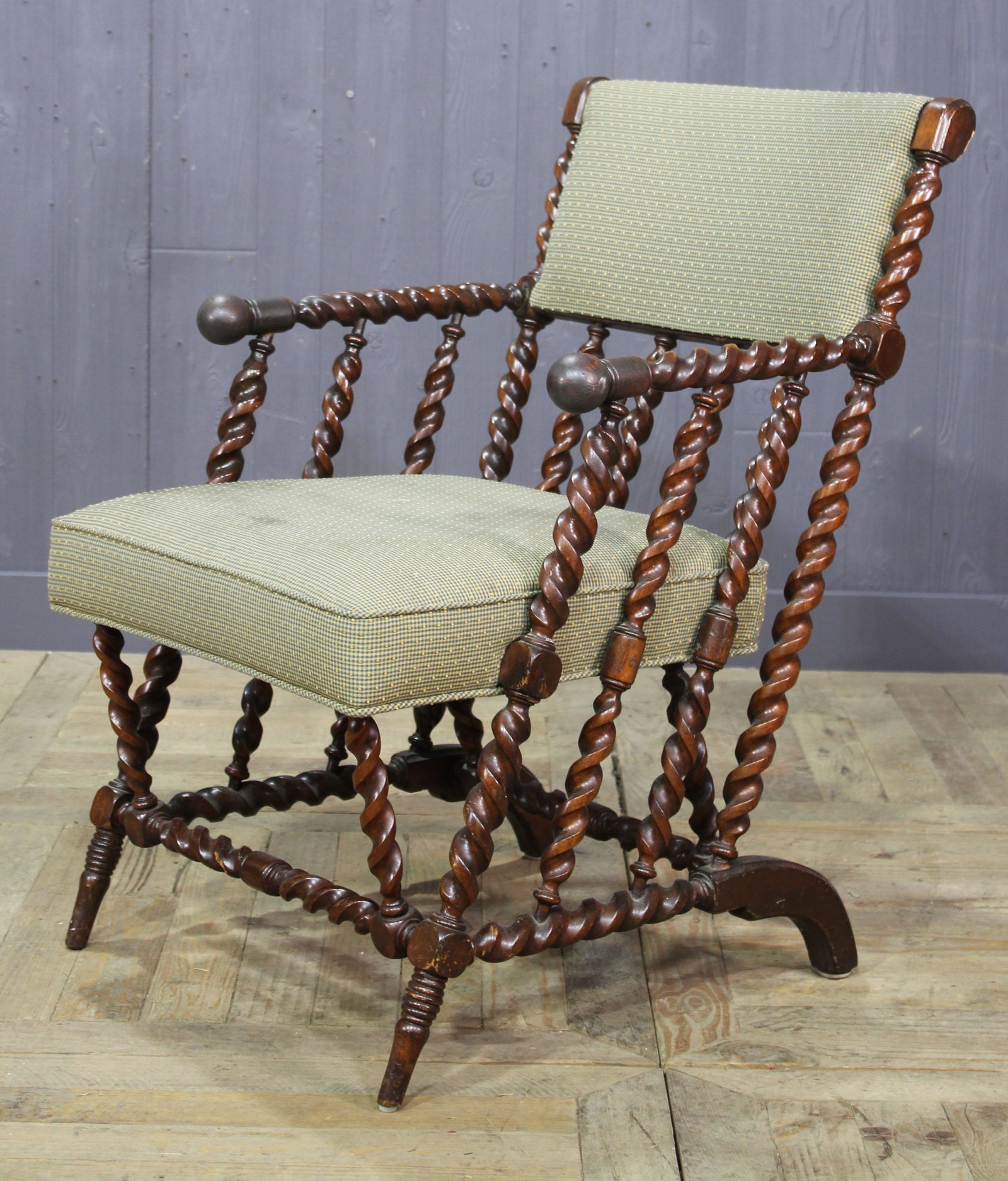 Late 19th C. English Barley Twist Armchair: An Interesting Late 19th C. English Barley Twist Decorated Armchair. Size: 32" x 23" x 28"