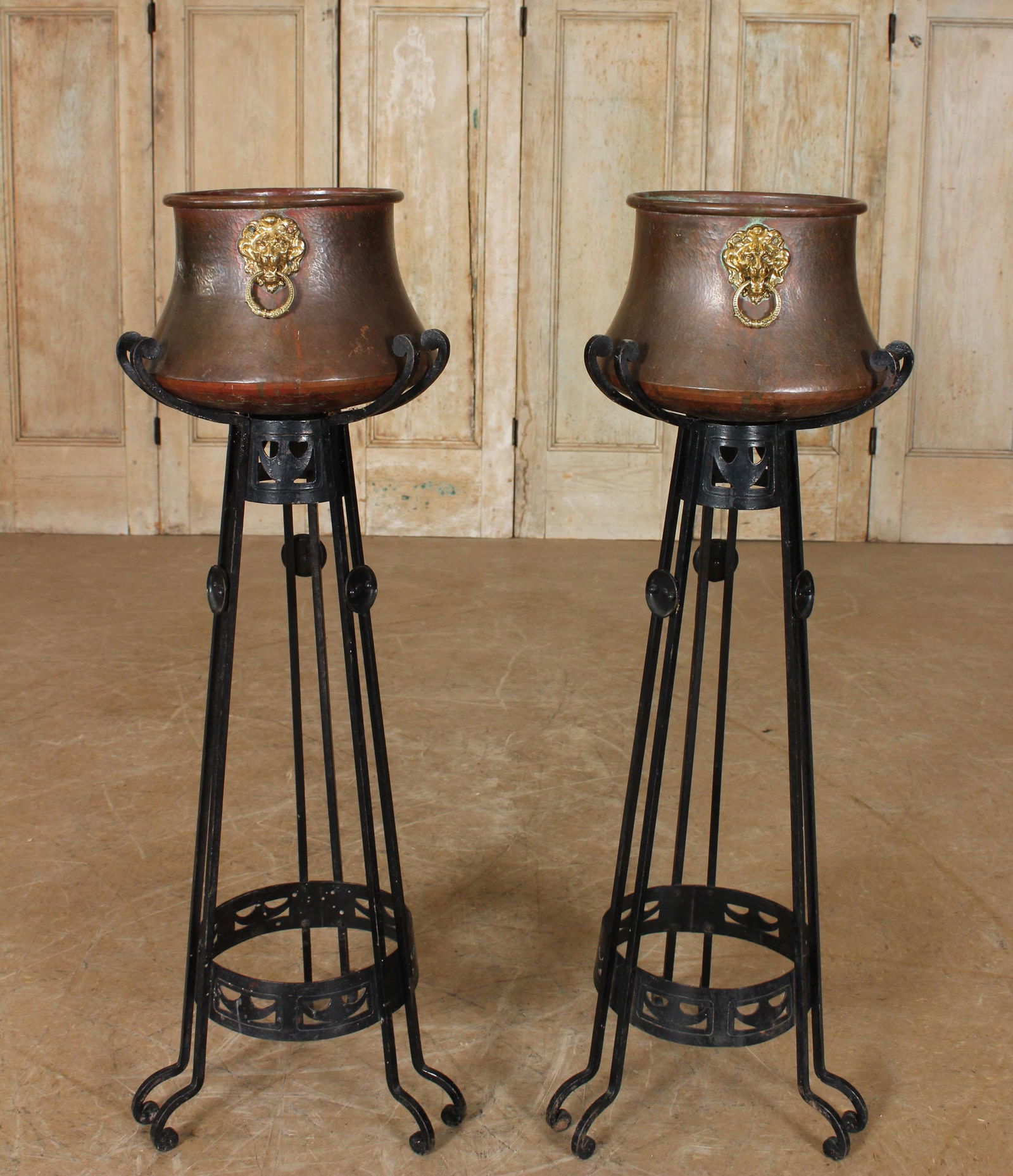 Pair Lion Mask Copper Pots on Wrought Iron Stands (1 of 4)