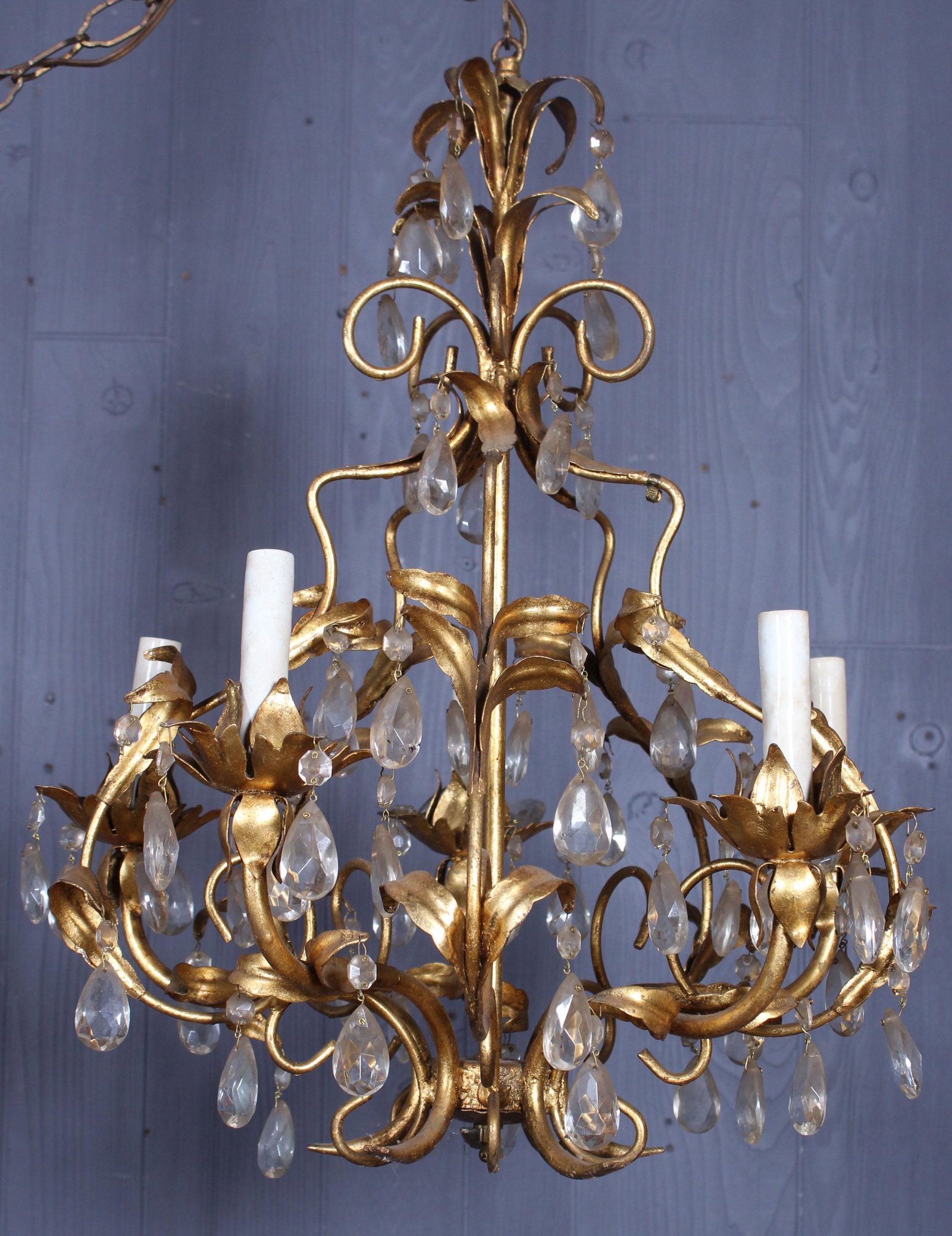 Gilt Tole Metal Chandelier: Gilt Tole Metal Chandelier. Jersey Mob Mod Style. Size: 21" H x 18" diameter with over 10' of chain.