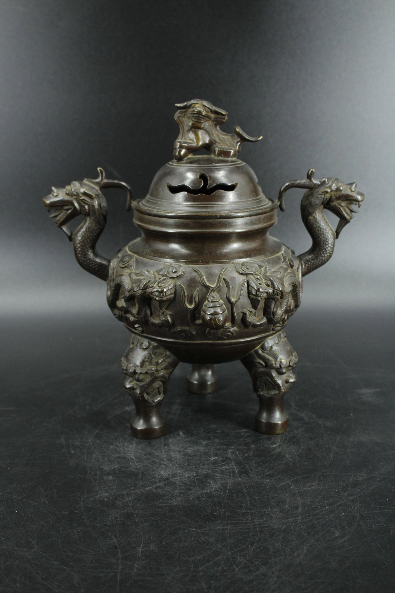 Japanese Meiji Style Bronze Censer: Japanese Meiji Style Bronze Censer. Size: 11.5" x 11" across handles x 7.25"