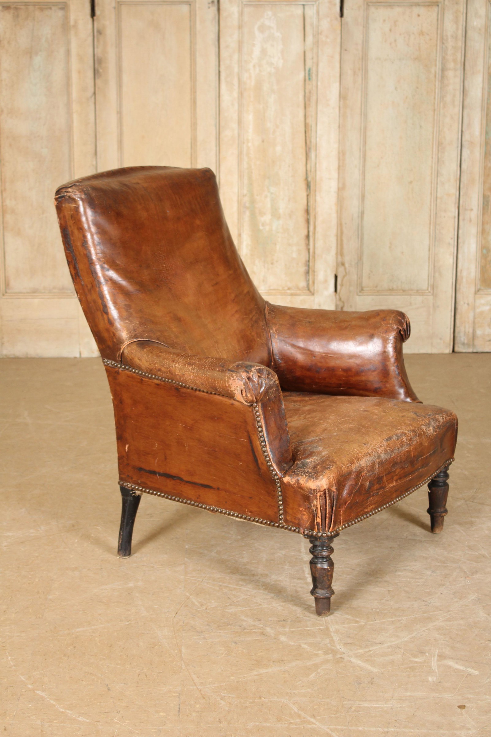 French Napoleon III Style Leather Chair: French Napoleon III Style Leather Chair. Size: 36" H x 31" W x 26" D