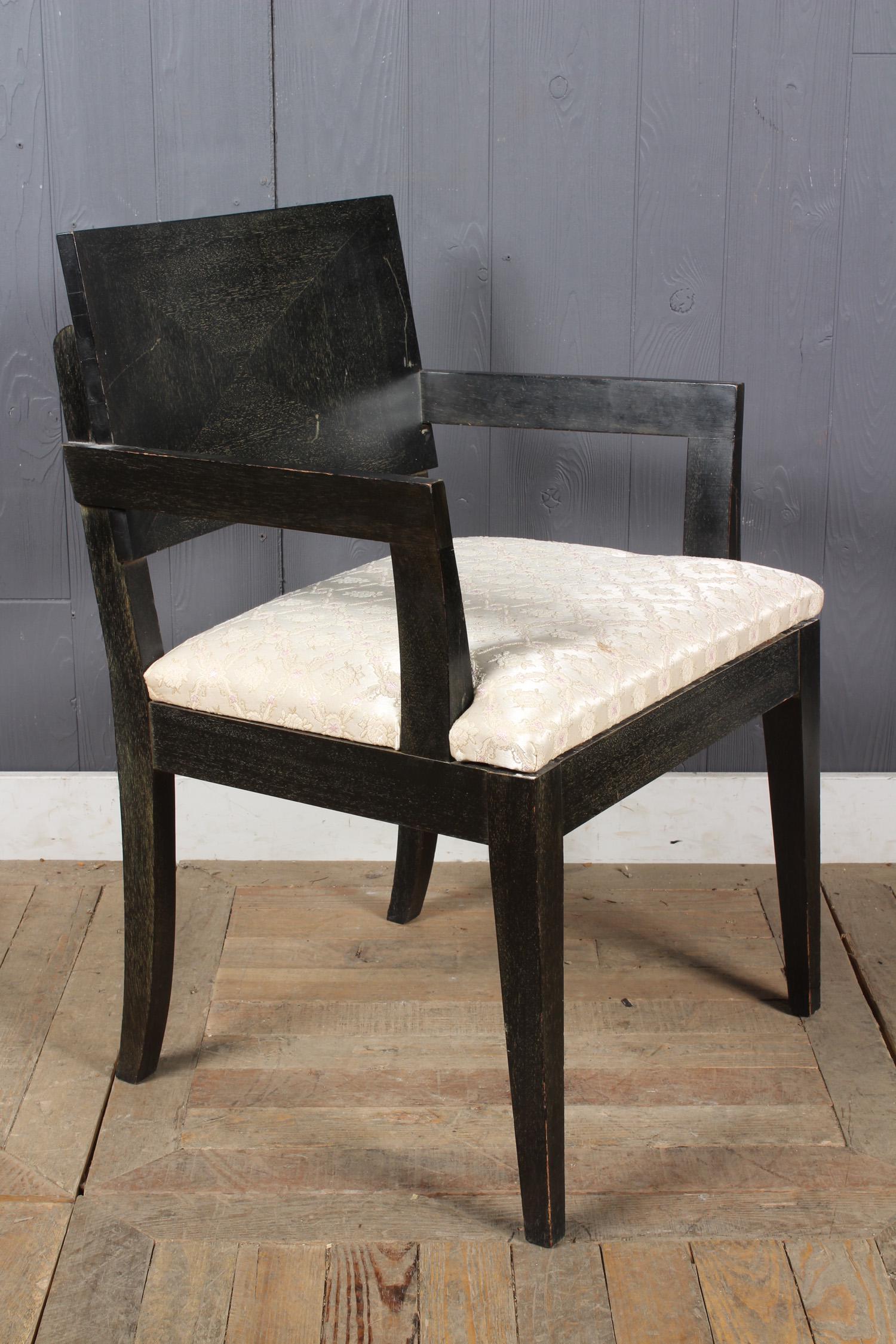 Ebonized Oak Armchair: Ebonized Oak Armchair with upholstered seat. Size: 31.5" H x 22" W x 21" D