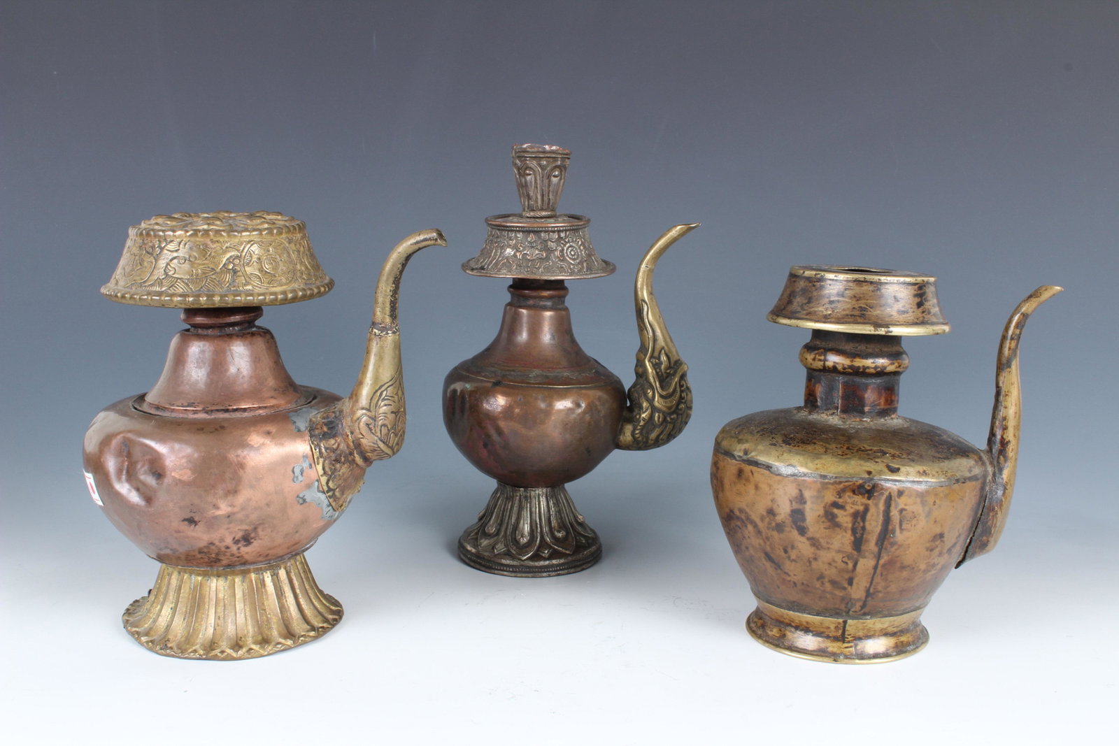 3 Antique Bronze/Copper Nepalese Anti Vessels: 3 Antique Bronze/Copper Nepalese Anti Vessels - Size: Tallest: 7" Tall (4911)