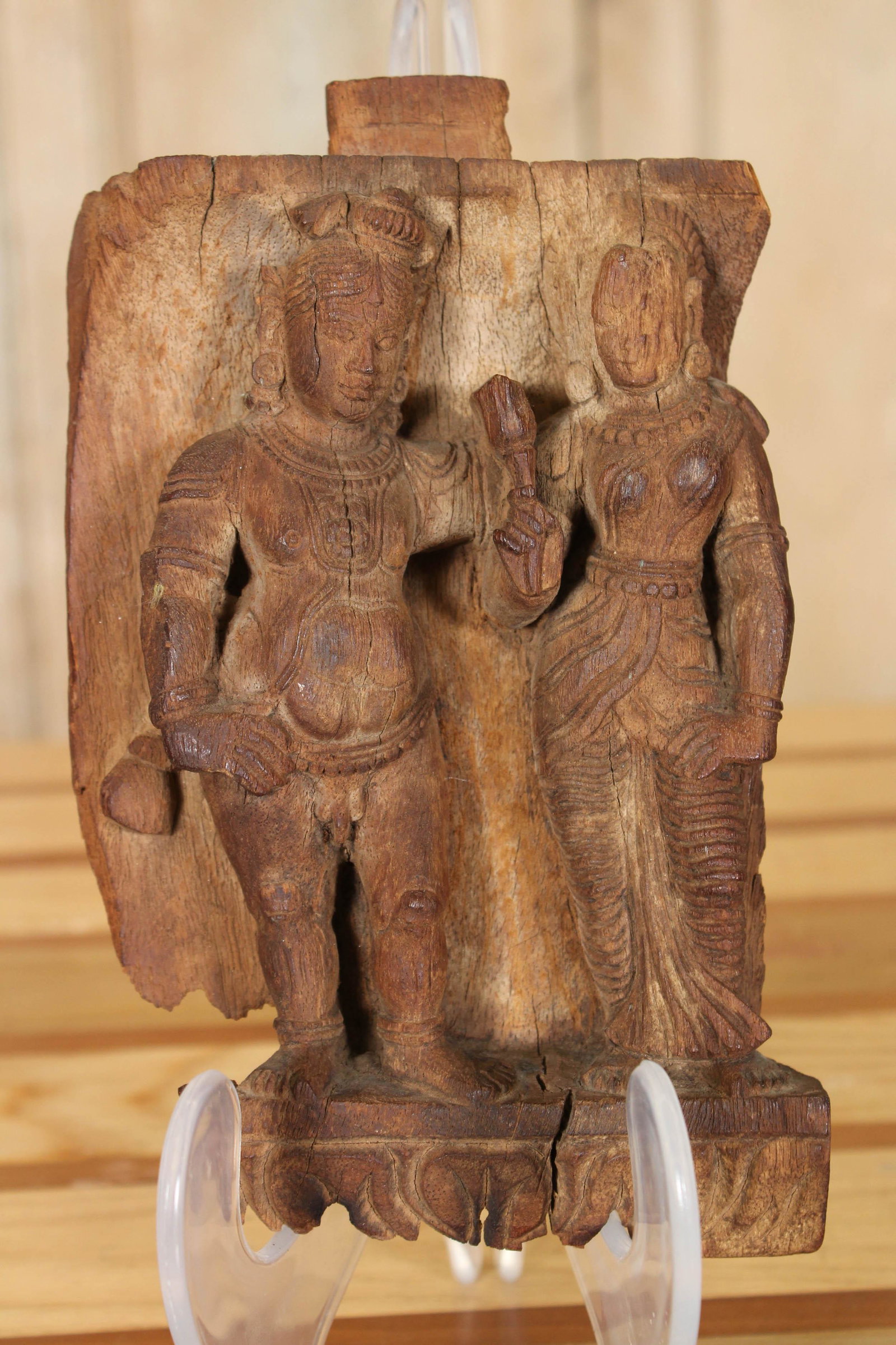 Relief Carved Wood Krishna and Radha Plaque: Relief Carved Wood Krishna and Radha Plaque. Size: 8.75" H x 5.75" W x 2" D