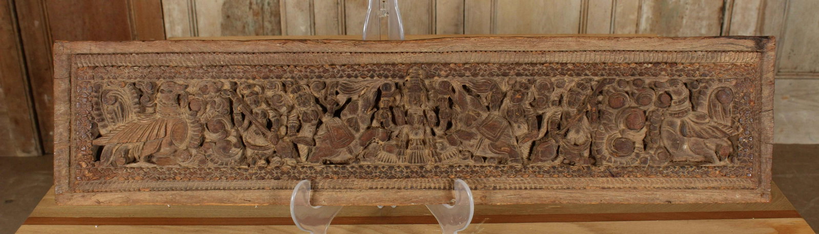Antique Indian Relief Carved Wood Panel: Antique Indian Relief Carved Wood Panel. Size: 7" H x 30" W