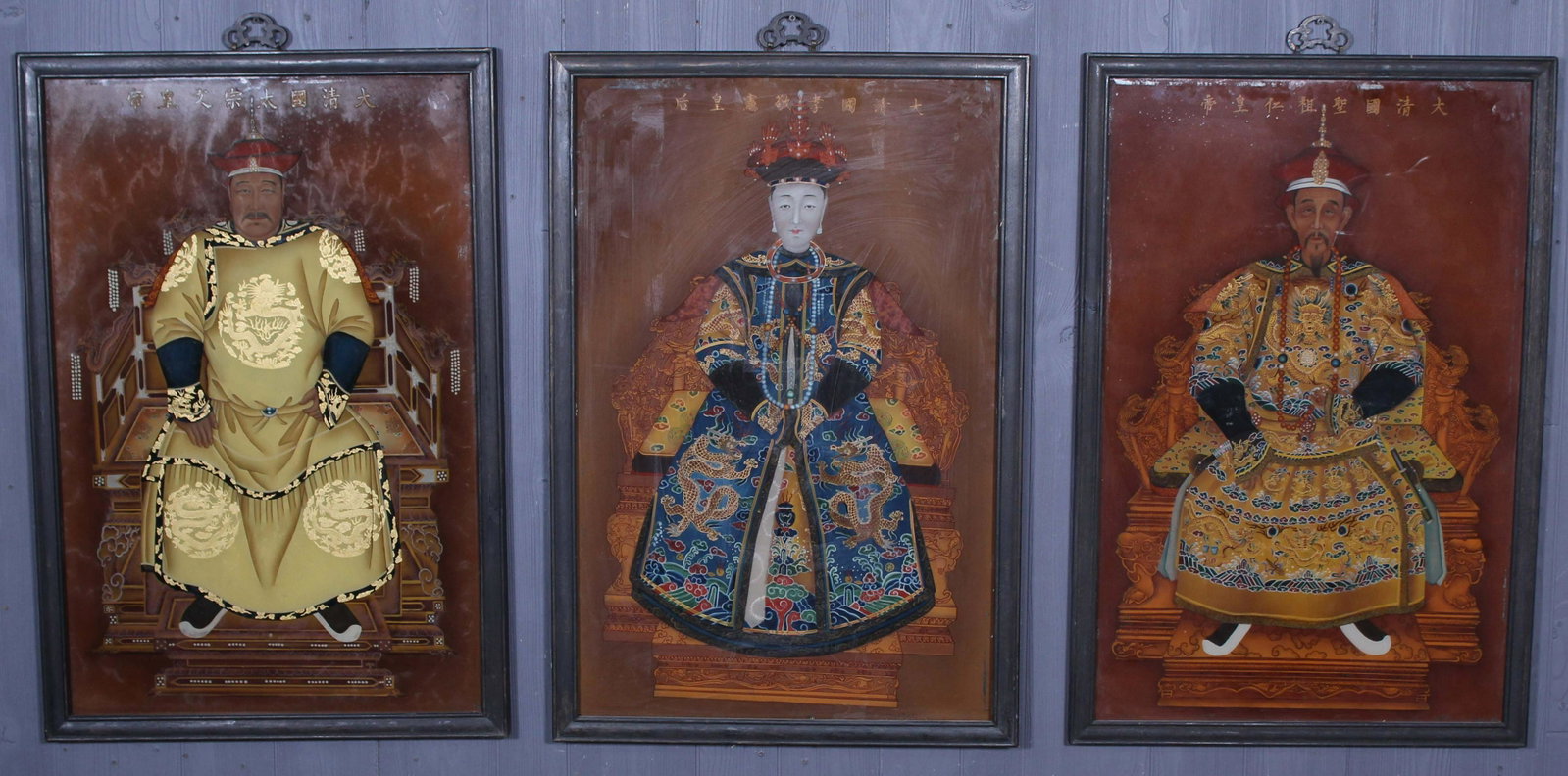 3 Chinese Reverse Painted Glass Ancestry Plaques: 3 Chinese Reverse Painted Glass Ancestry Plaques. Size: frame 33.5" x 23" (NHJ246)