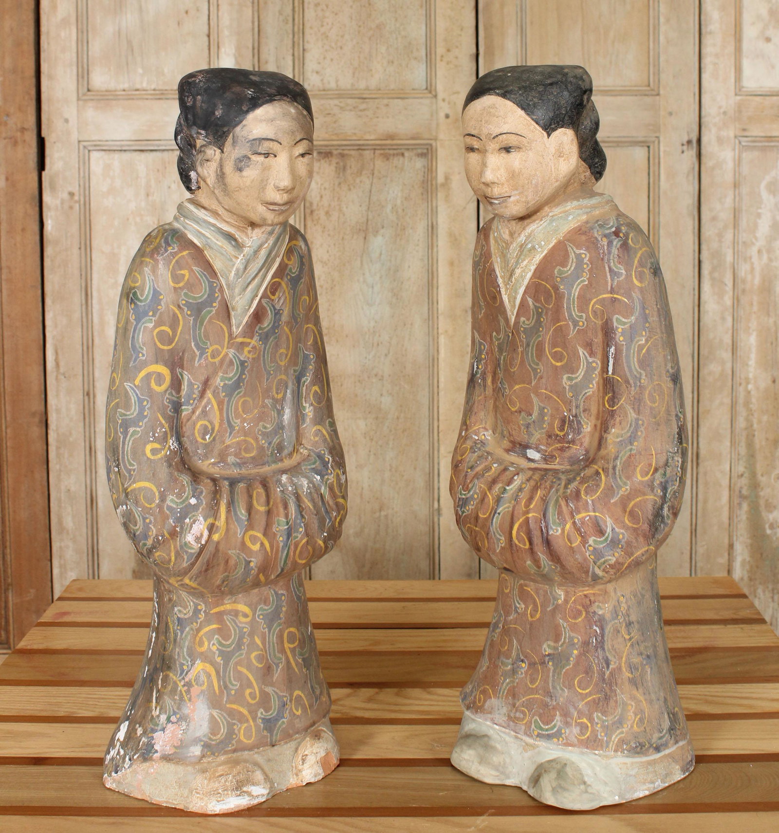 Pair Chinese Terracotta Figures: Pair Chinese Terracotta Figures, Attendants. Size: 26" H x 9" W x 8" D