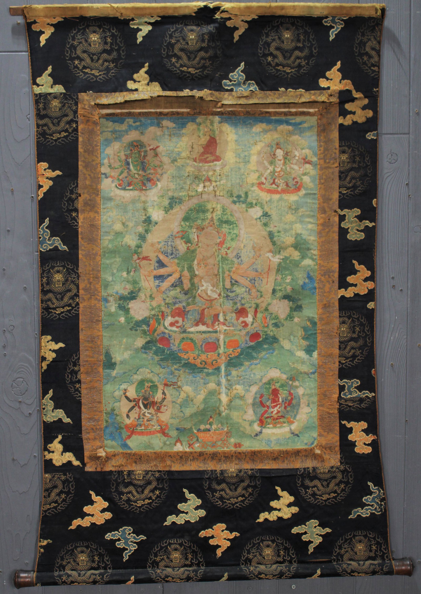 Antique Tibetan Thangka: Antique Tibetan Thangka. Size: 45" x 32" overall, 28.5" x 17" canvas