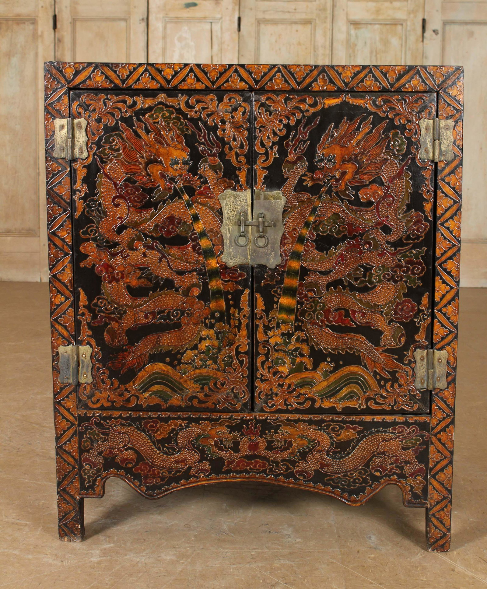 Chinese Tibetan Dragon Robe Cabinet: Chinese Tibetan Dragon Robe Cabinet. Size: 39.5" H x 32.5" W x 20" D