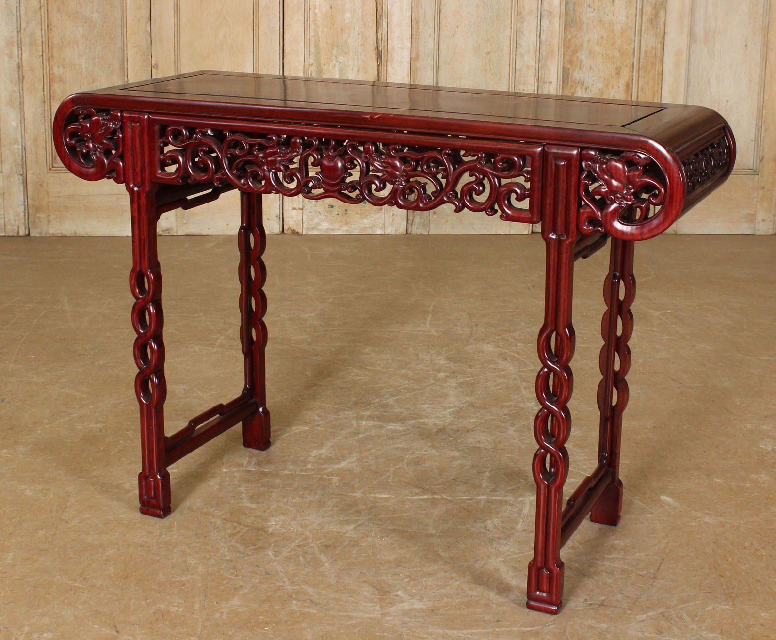 Chinese Carved and Lacquered Altar Table: Chinese Carved Red Lacquered Console Table. Altar table with carved apron. Size: 33.5" H x 47.75" W x 16.5" D