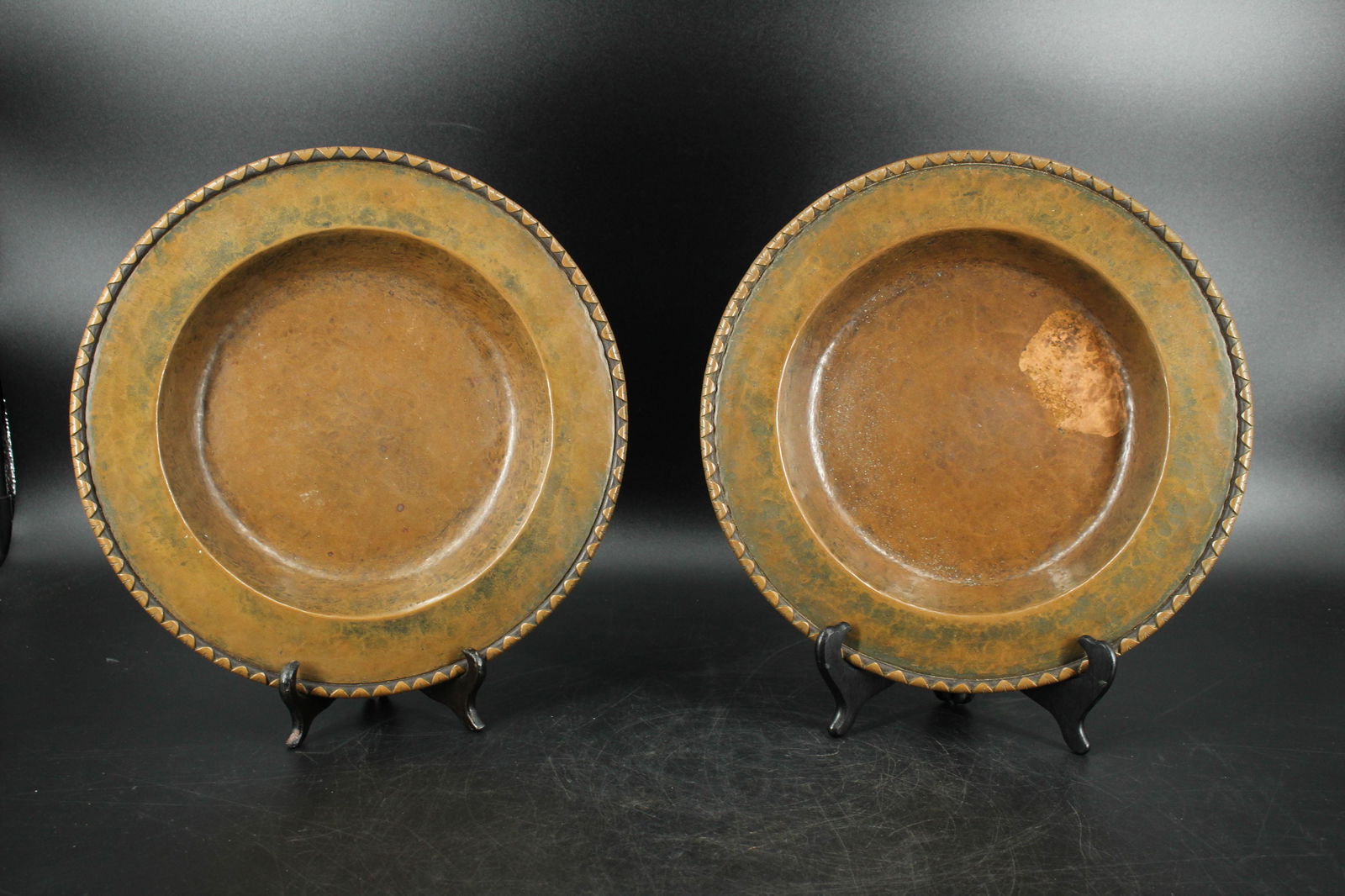 Signed Arts and Crafts Style Copper Plates: Signed Arts and Crafts Style Copper Plates, signed on bottom J. Schmidt, Phila, PA. Schmidt is purported to be a craftsman in the studio of Samuel Yellin. Size: 12.75" diameter.