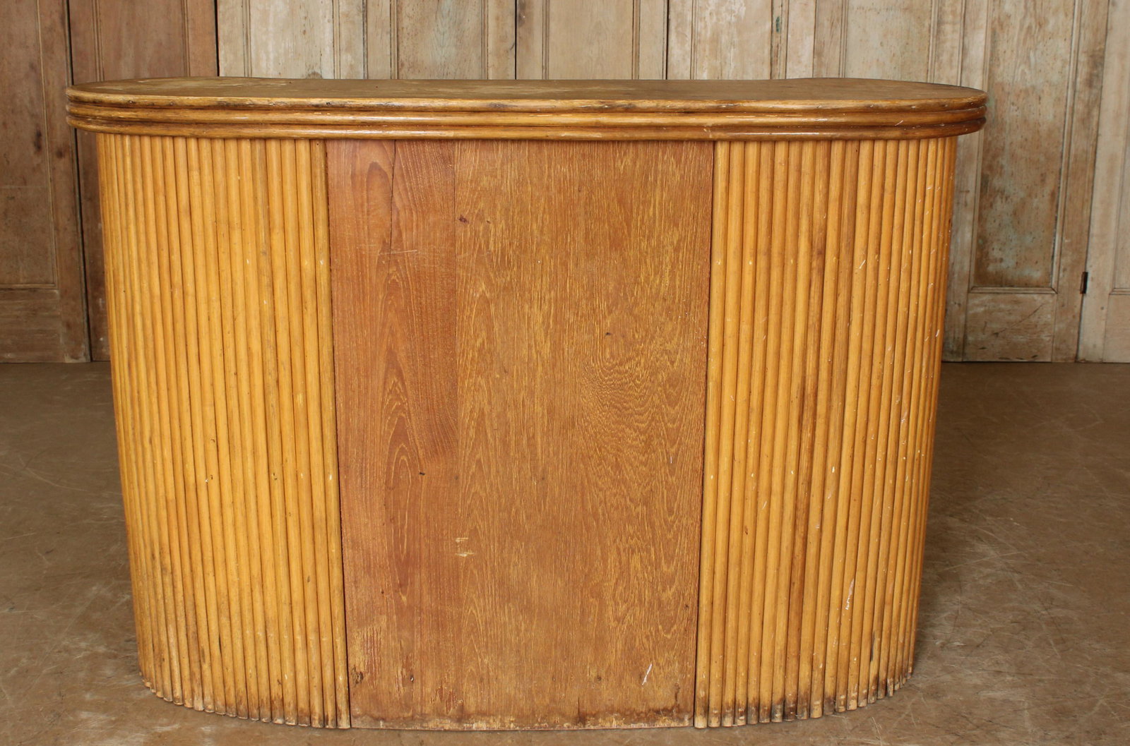 Mid Century Modern Rattan Tiki Bar: Mid Century Modern Tiki Bar, two shelves above two cabinet doors. Size: 42.5" H x 61" W x 21.5" D