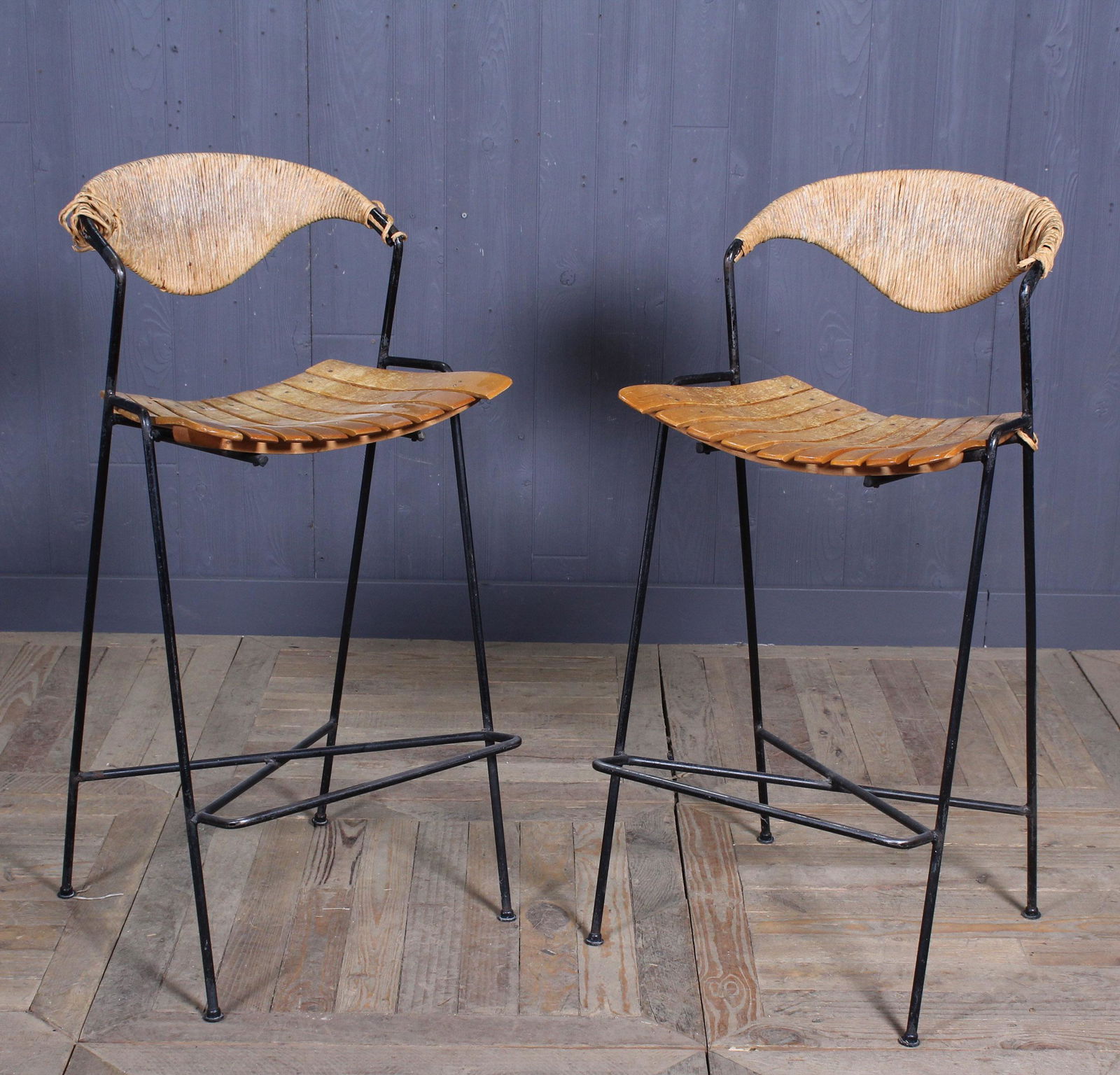 Pair of Arthur Umanoff Stools: Pair of Arthur Umanoff Stools. Size: 39.5" x 18.5" x 18"