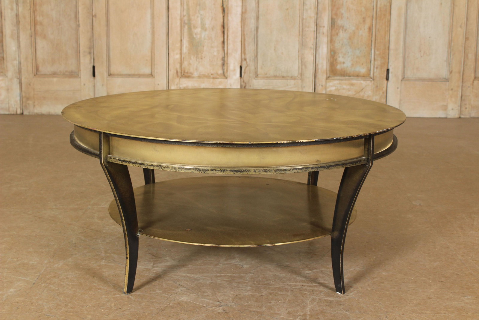 Contemporary Brass Finish Steel Tiered Low Table: Contemporary Brass Finish Steel Tiered Low Table. Size: 17.5" H x 38" Diameter