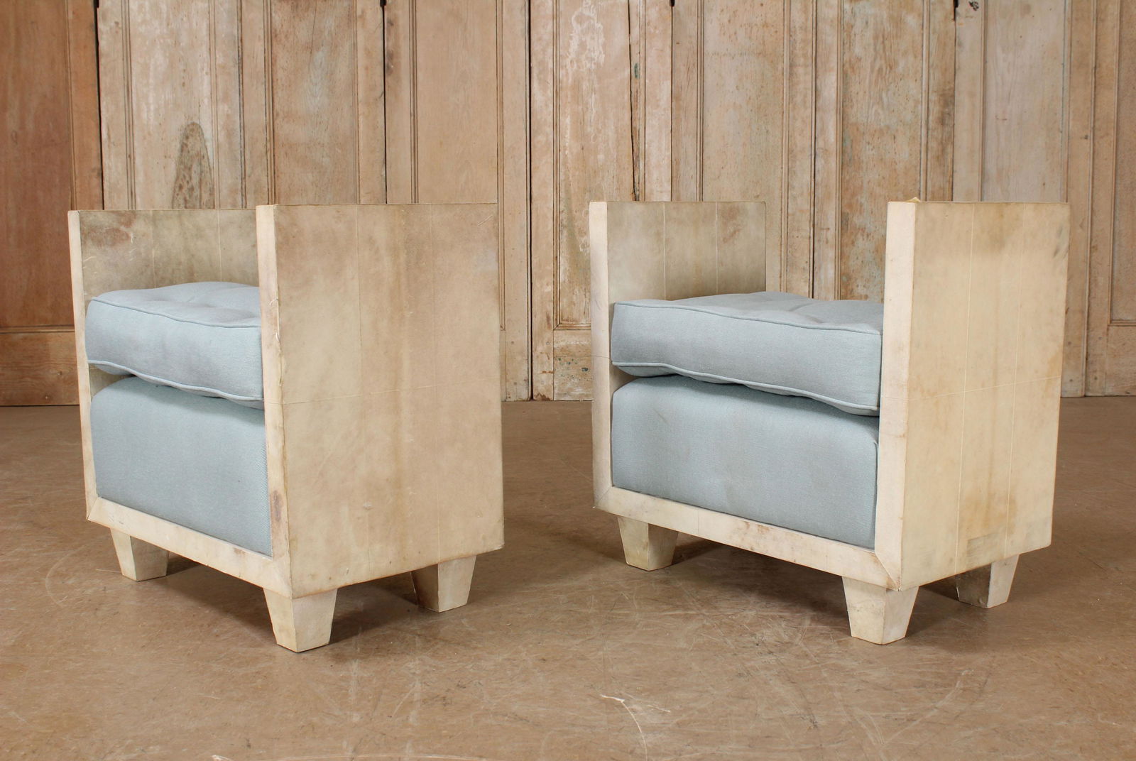 Pair Jean Michel Frank Style Parchment Benches: Pair Jean Michel Frank Style Parchment Benches. Size: 26" H x 27.5" W x 16.5" D