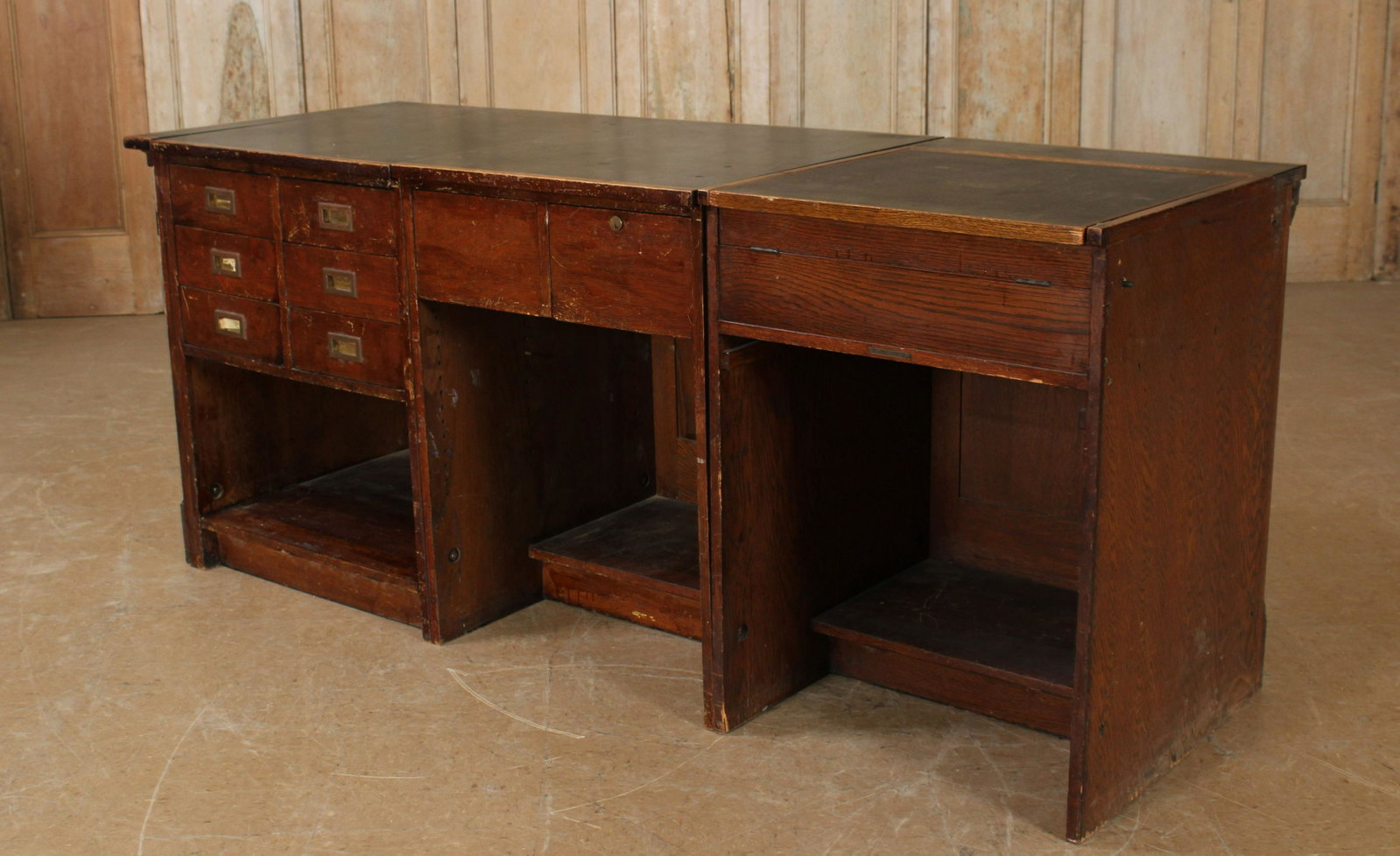 3 Part Jewelers Table: 3 Part Jewelers Table. Comprised of an indexed drawer section, a center 2 drawer tool section, and a lift lidded instrument section. Size: 32.75" H x 76.25" W x 27" D