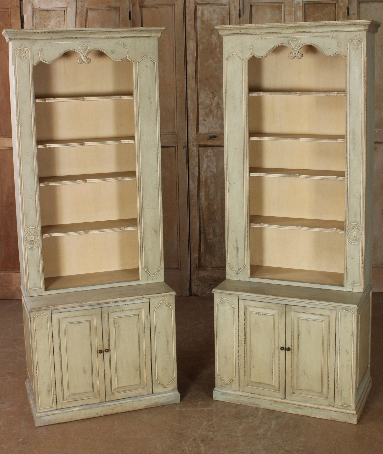 Pair French Provincial Painted Bookcases: Pair French Provincial Painted Bookcases. Size: 91.25" H x 37.5" W x 21" D
