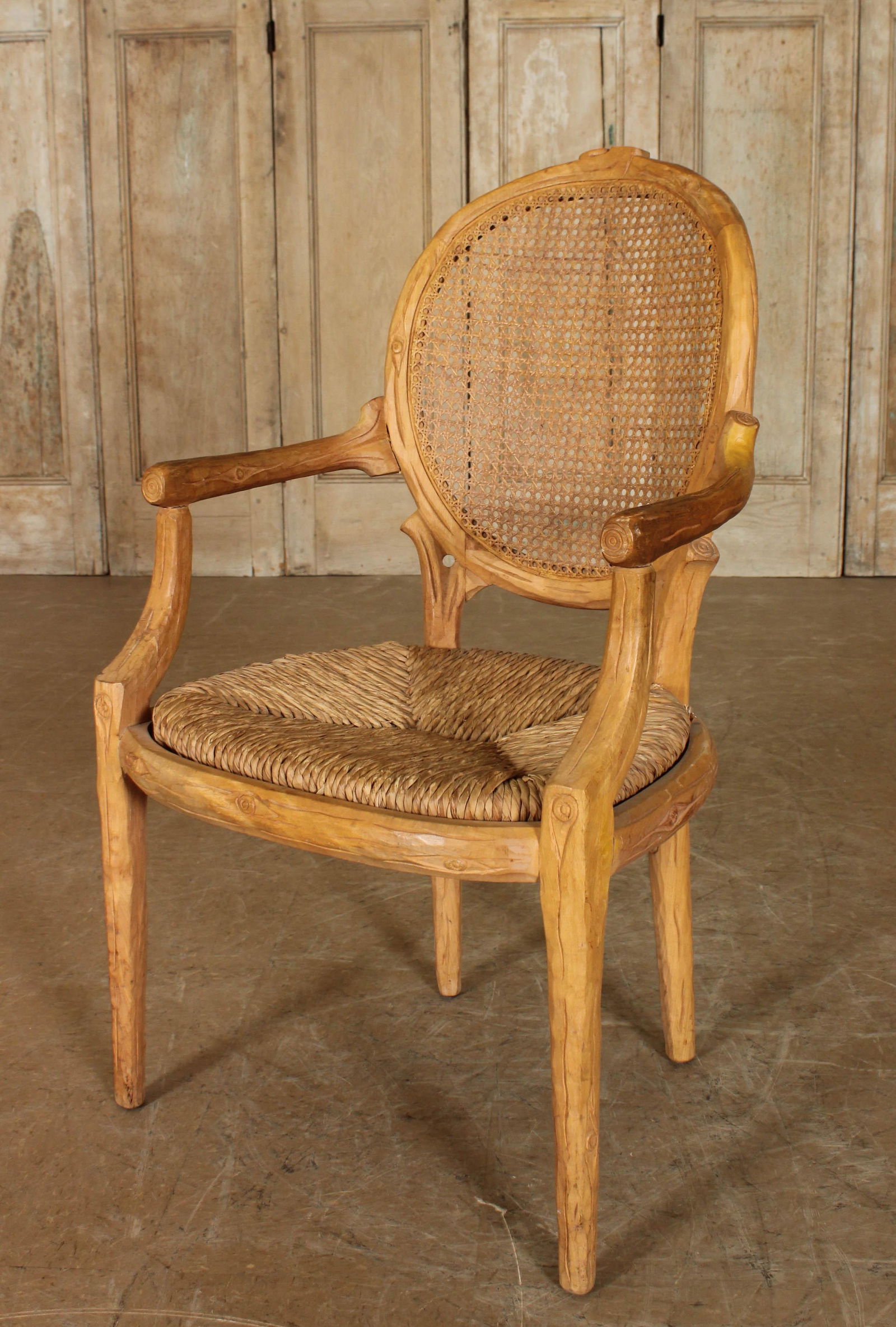 French Faux Bois Pine Side Chair: Pine Faux Bois Side Chair, caned back and rush seat. Size: 39.5" H x 23.25" W x 24.75" D