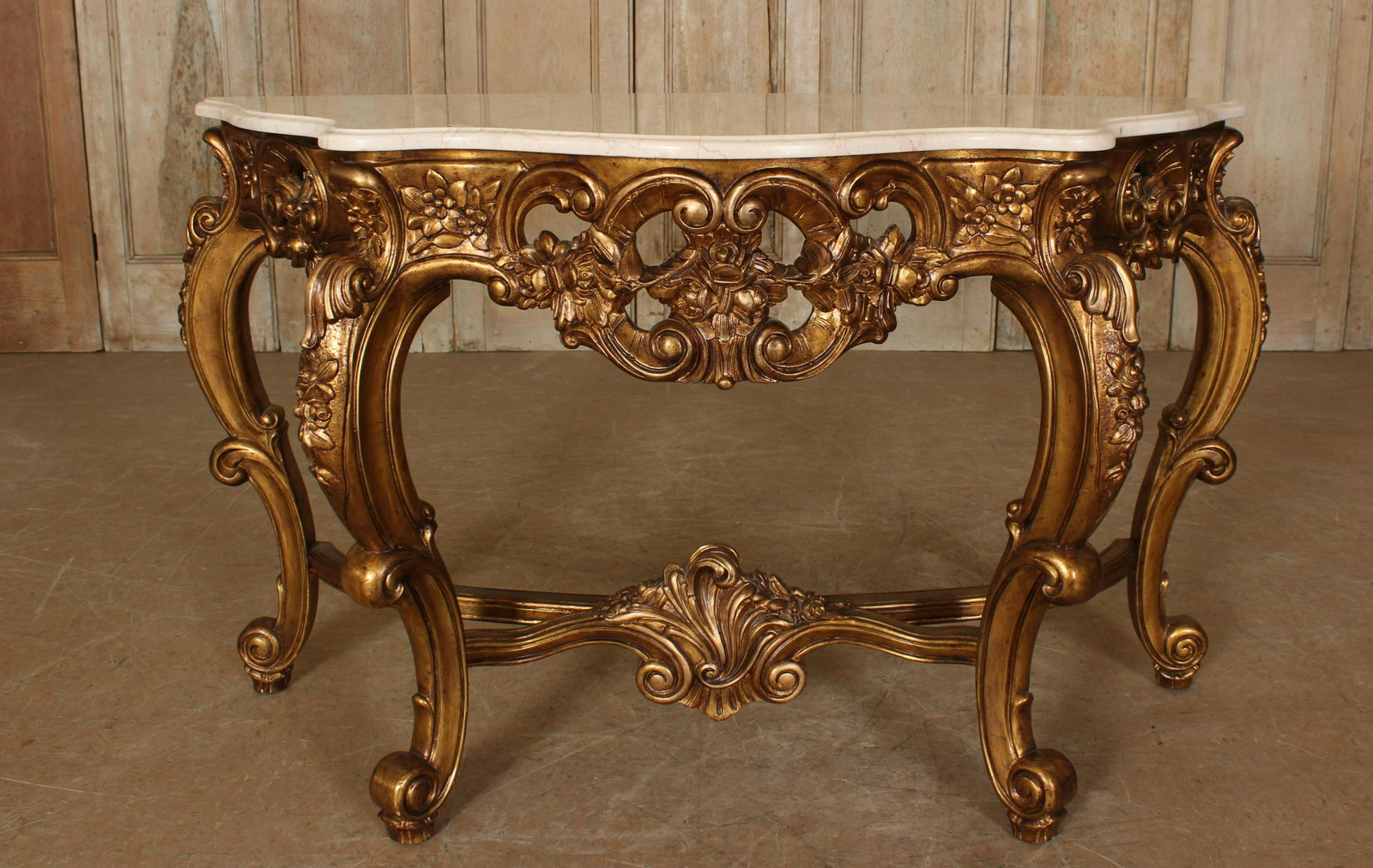 French Louis XV Style Marble Top Console: French Louis XV Style Marble Top Console. Size: 33" H x 57.5" W x 18.5" D