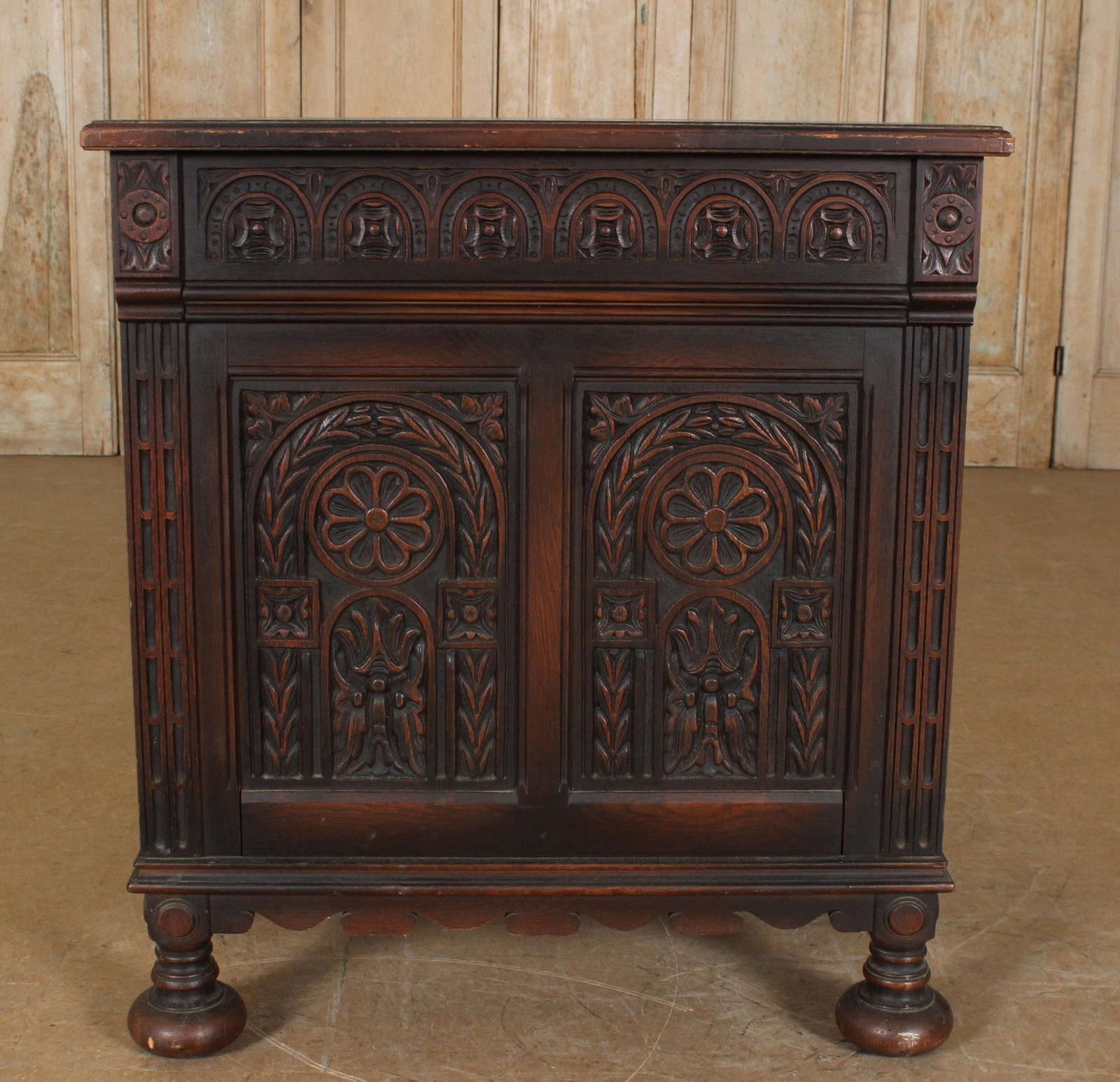 Vintage Jacobean Revival File Cabinet: Vintage Jacobean Revival File Cabinet. Size: 34.5" H x 31.5" W x 19.5" D