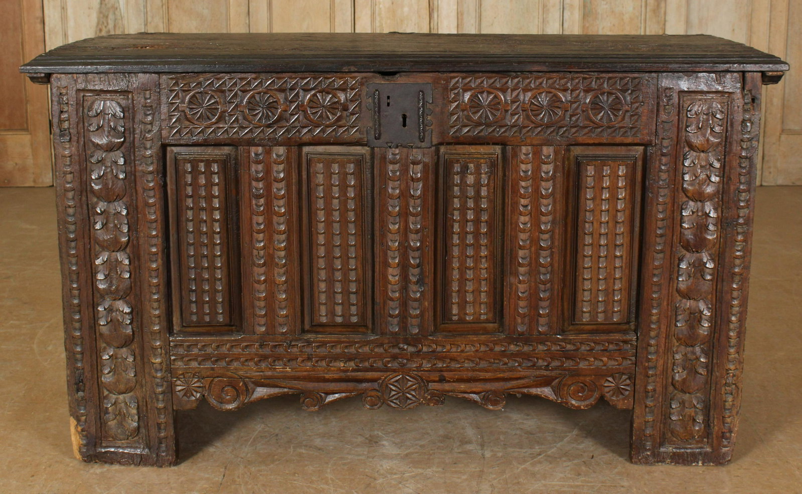 Antique English 17th C Chip Carved Coffer: Antique English 17th C Chip Carved Coffer. Size: 36.25" H x 62" W x 24.25" D