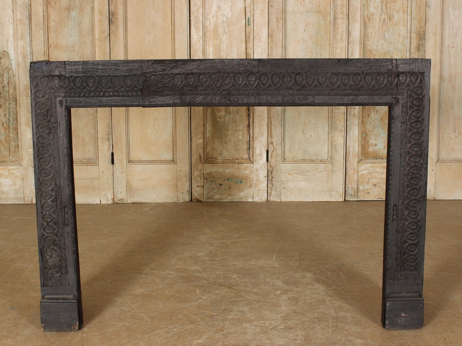 Antique French 17th C Chip Carved Mantle Surround: Antique French 17th C Chip Carved Mantle Surround. Inscribed and bearing a tag for a Parisian Antiquaire. Size:40.5" H x 50.5" W x 11.75" D