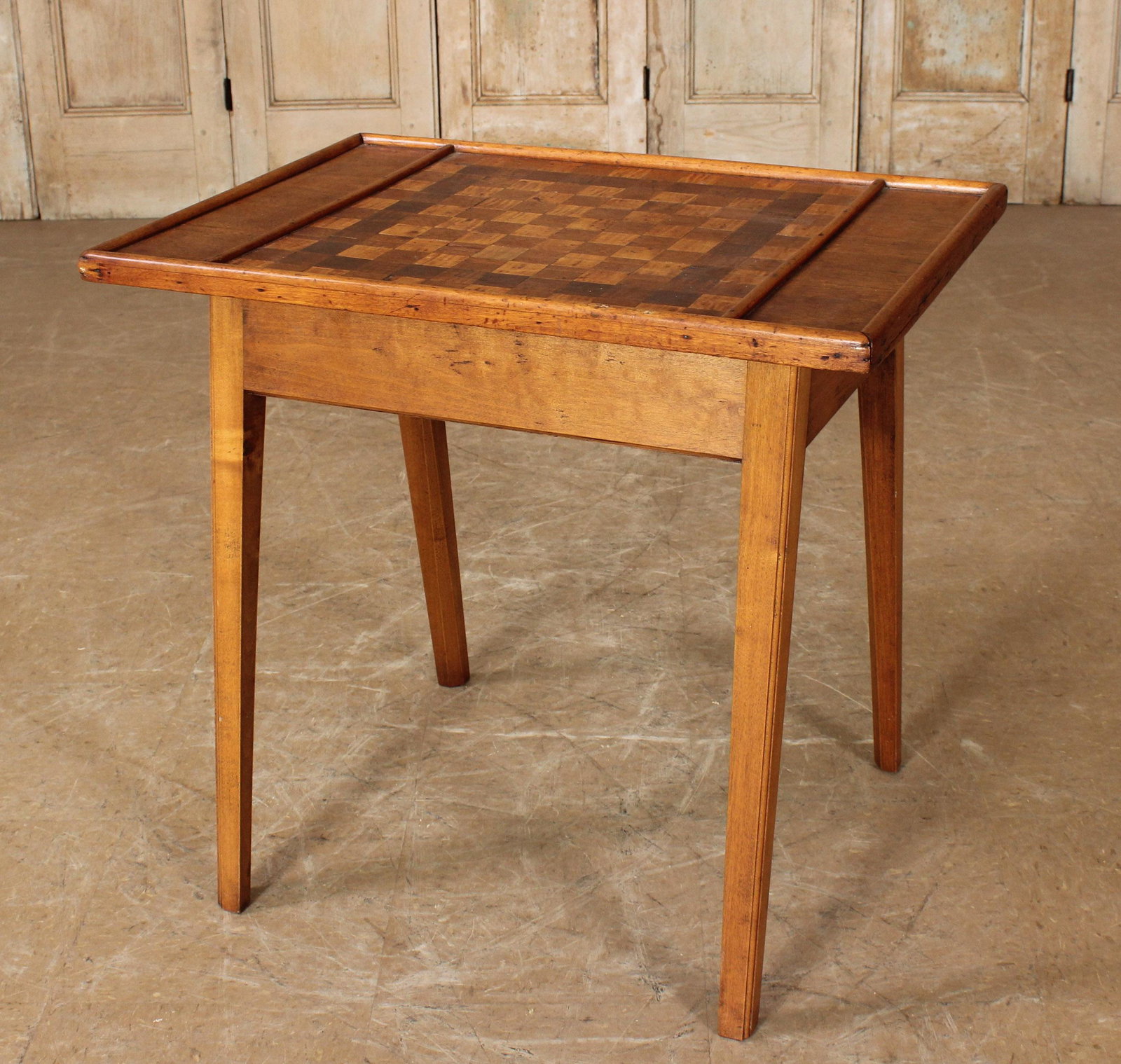 Rustic Inlaid Games Table: Inlaid Games Table, checkerboard top. Size: 28.25" H x 26.25" W x 19.5" D