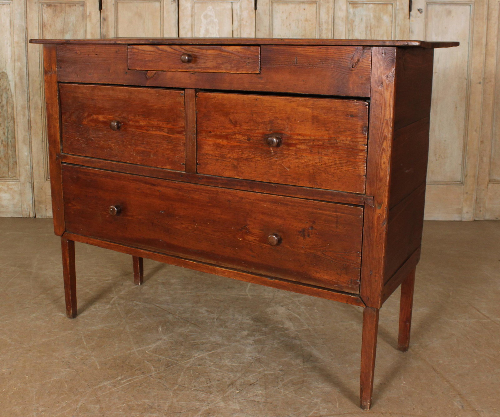 Rustic Pine Hunt board: Rustic hunt board, having center drawer above two short drawers above one long drawer. 45.5" H x 59.5" W x 22" D