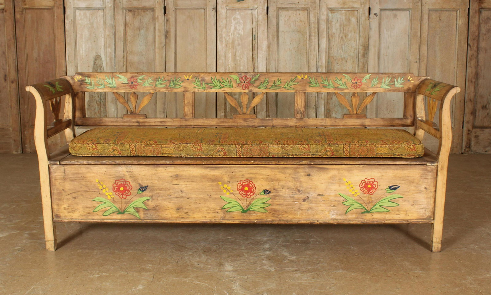 Rustic Bench with Storage: Large Painted Rustic Bench with Storage, hinged seat with divided storage. Size: 36.75" H x 88.5" W x 21" D