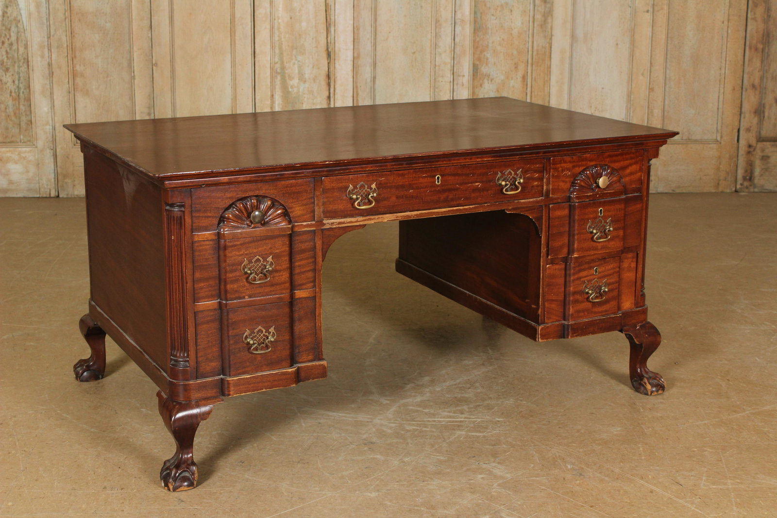 Chippendale Style Mahogany Desk: Chippendale Style Mahogany Desk with block front and cabriole legs. 28.5 H" x 56" W x 33.5" D