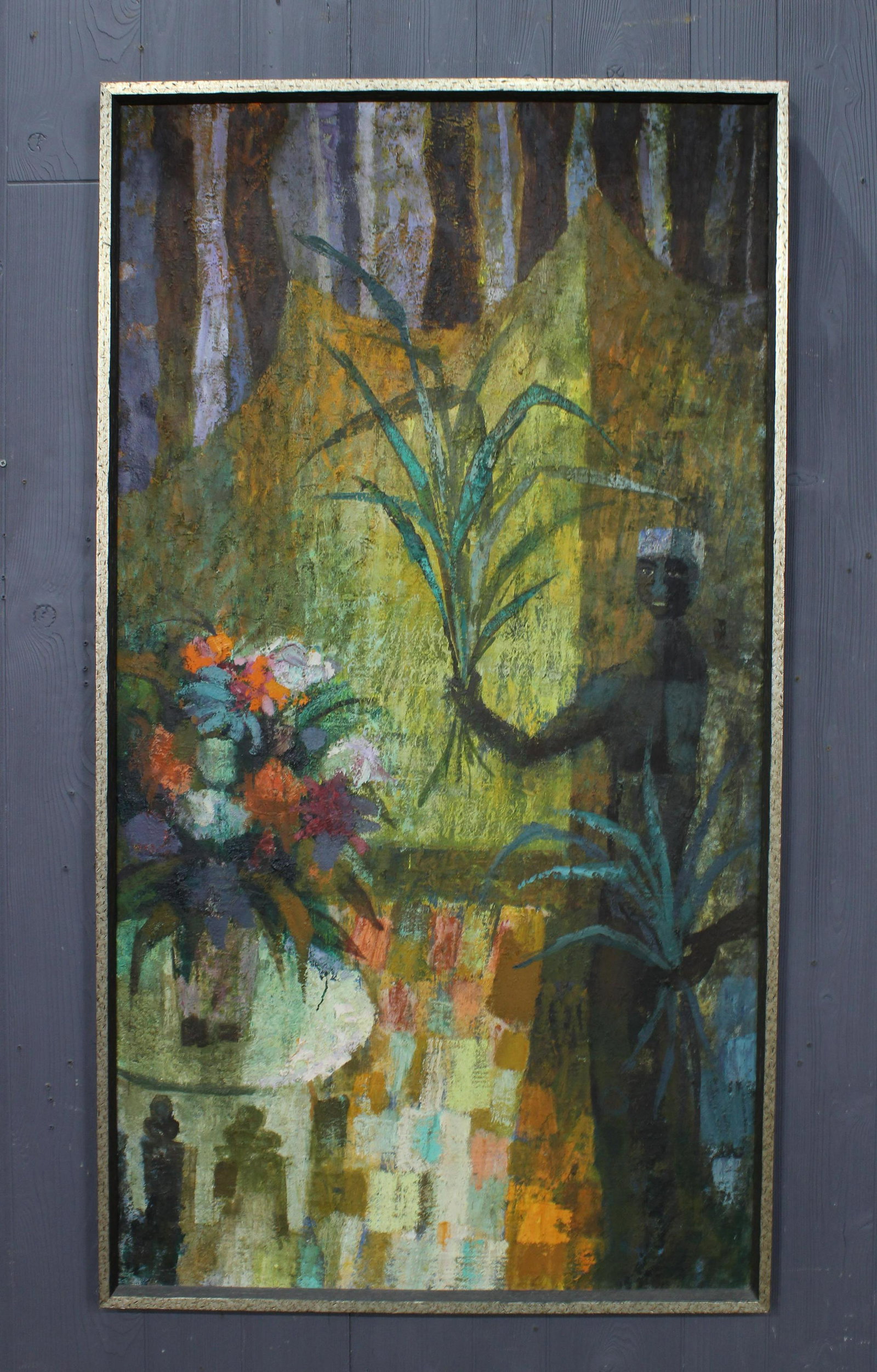 Mid Century Moroccan Genre Painting: Moroccan Genre Painting, Moroccan Interior with Flowers, oil on canvas, unsigned. Frame: 56.5" H x 31.5" W Sight: 54.25" H x 29.25" W