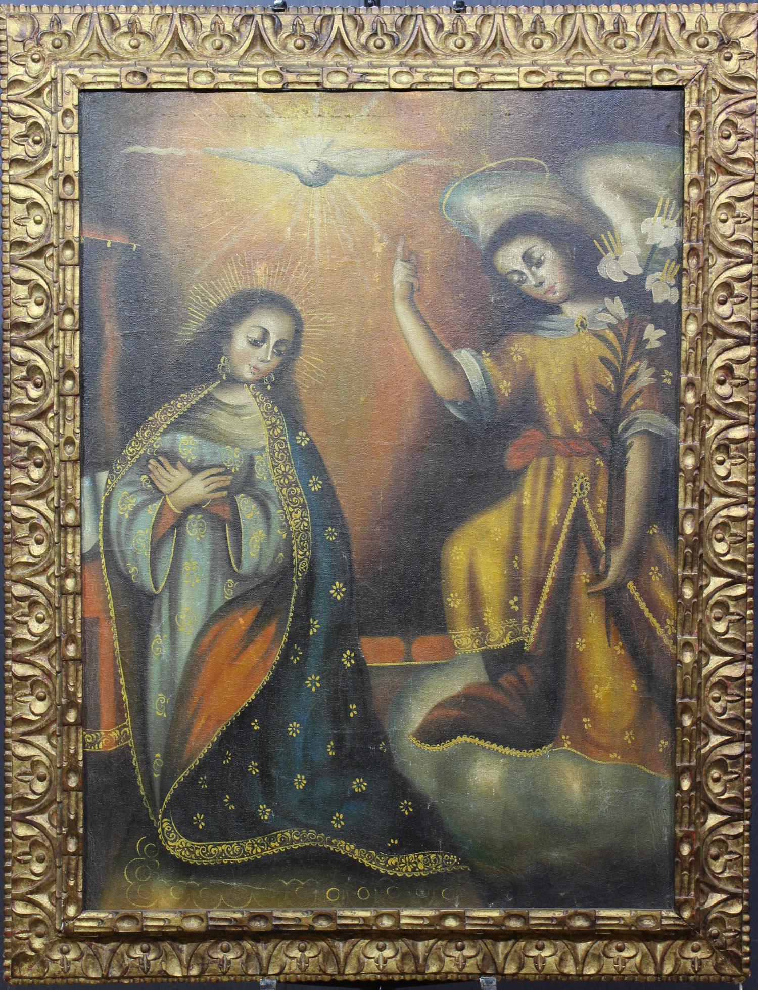 Cuzco School Iconography Painting: Cuzco School Iconography Painting. Size: Frame: 50" H x 39" W x 2" D; Sight: 41" H x 30" W