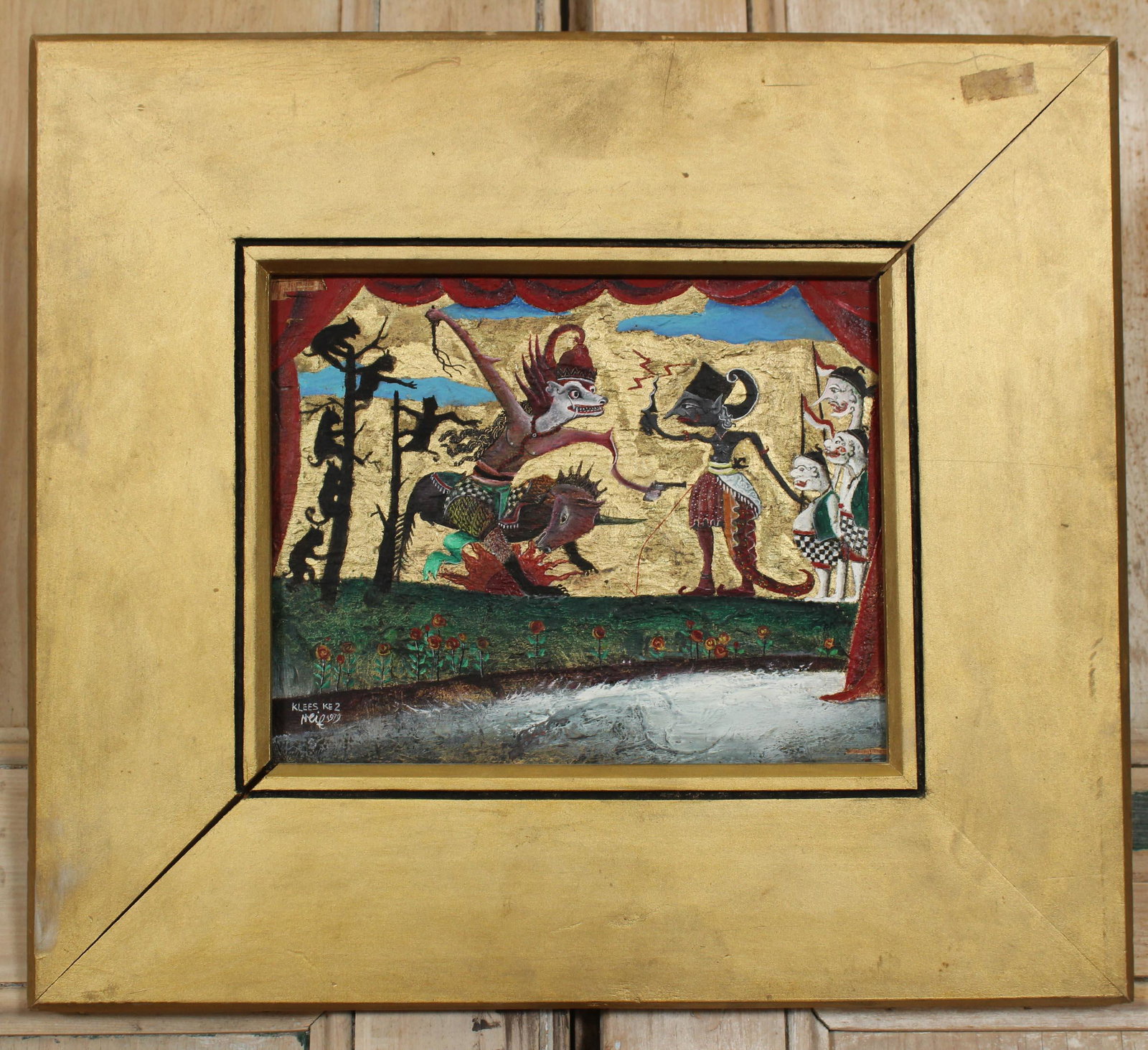 Indonesian Wayang Mythological Vignette Painting: Indonesian Wayang Mythological Vignette Painting. Signed and dated 1979. Frame: 15" H x 17" W Sight: 7.75" H x 9.75" W
